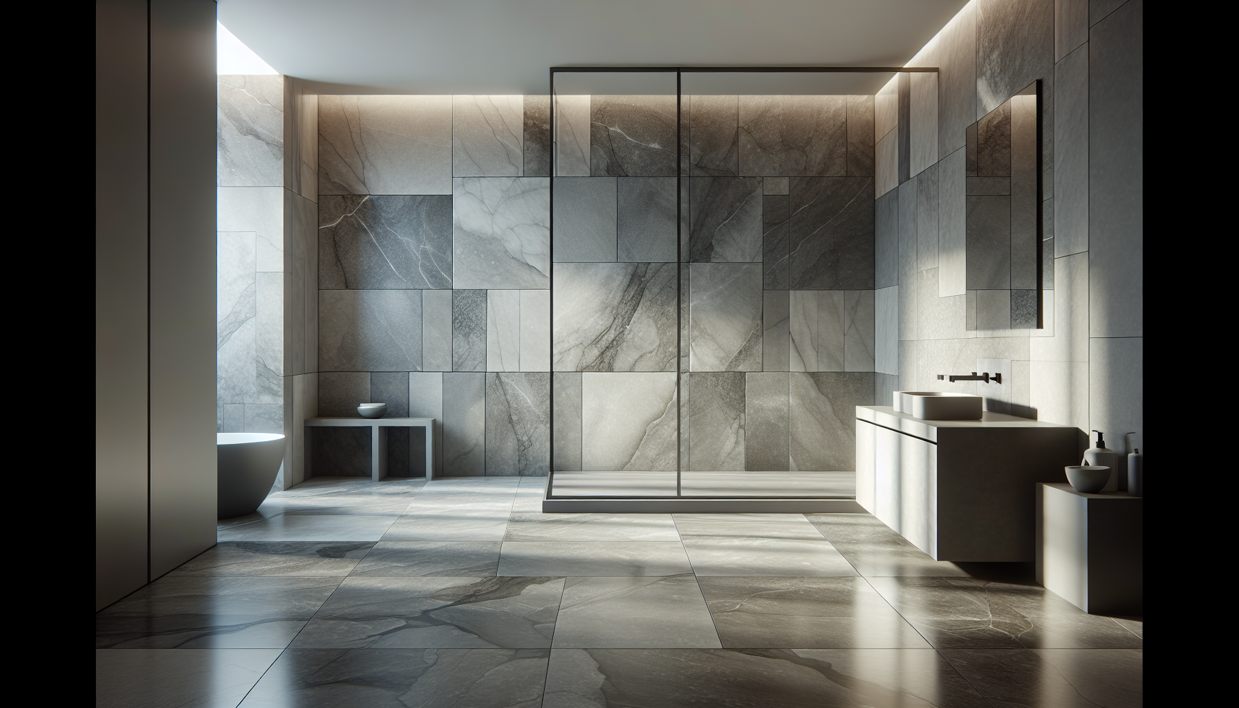 Moderne Fliesenideen für das Badezimmer mit minimalistischem Design und Natursteinoptik