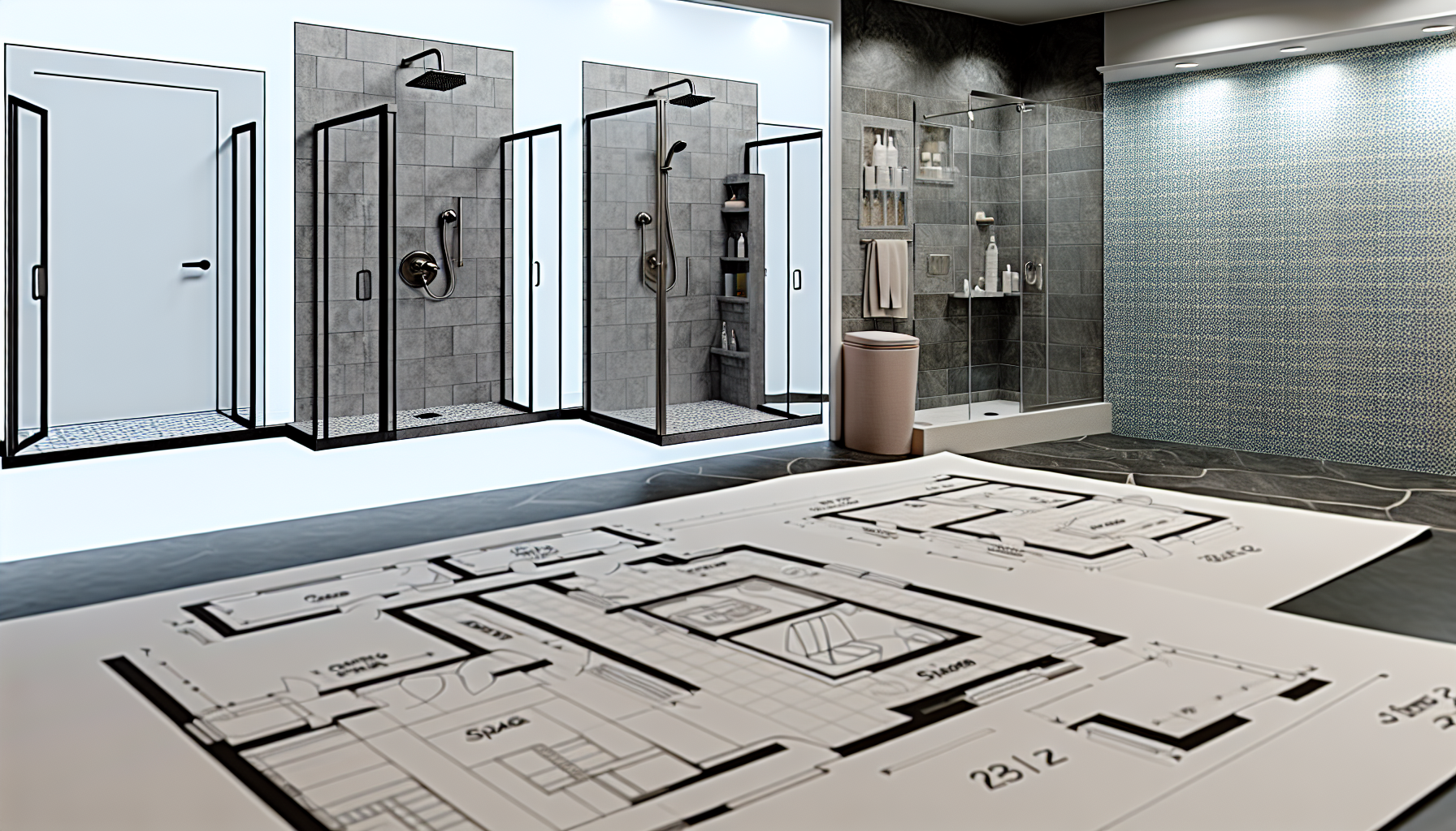 Raumplanung und Anforderungen für begehbare Duschen, einschließlich Größe, Platzbedarf und barrierefreiem Zugang.