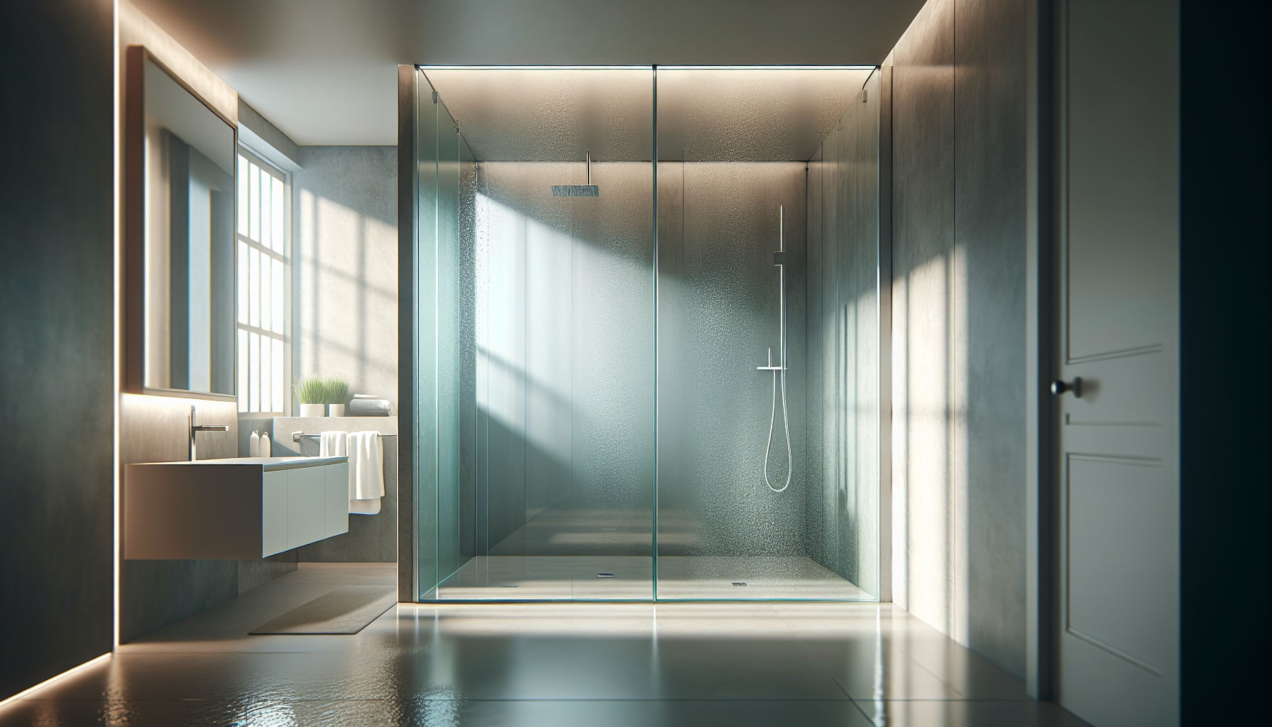 Moderne Glaswände und Trennwände für eine offene Optik, Privatsphäre und Spritzschutz in der begehbaren Dusche.