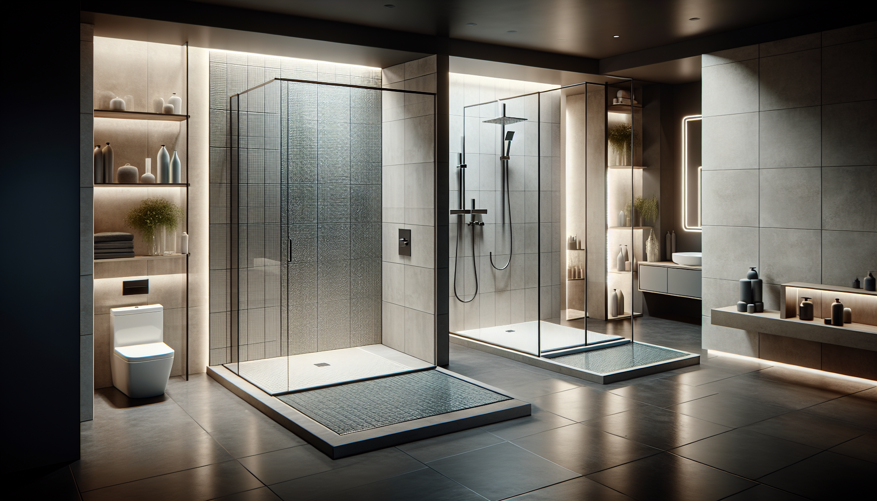 Verschiedene Arten von begehbaren Duschen werden vorgestellt, einschließlich Duschwannen, gefliesten Duschen und bodengleichen Duschen mit Duschrinnen.