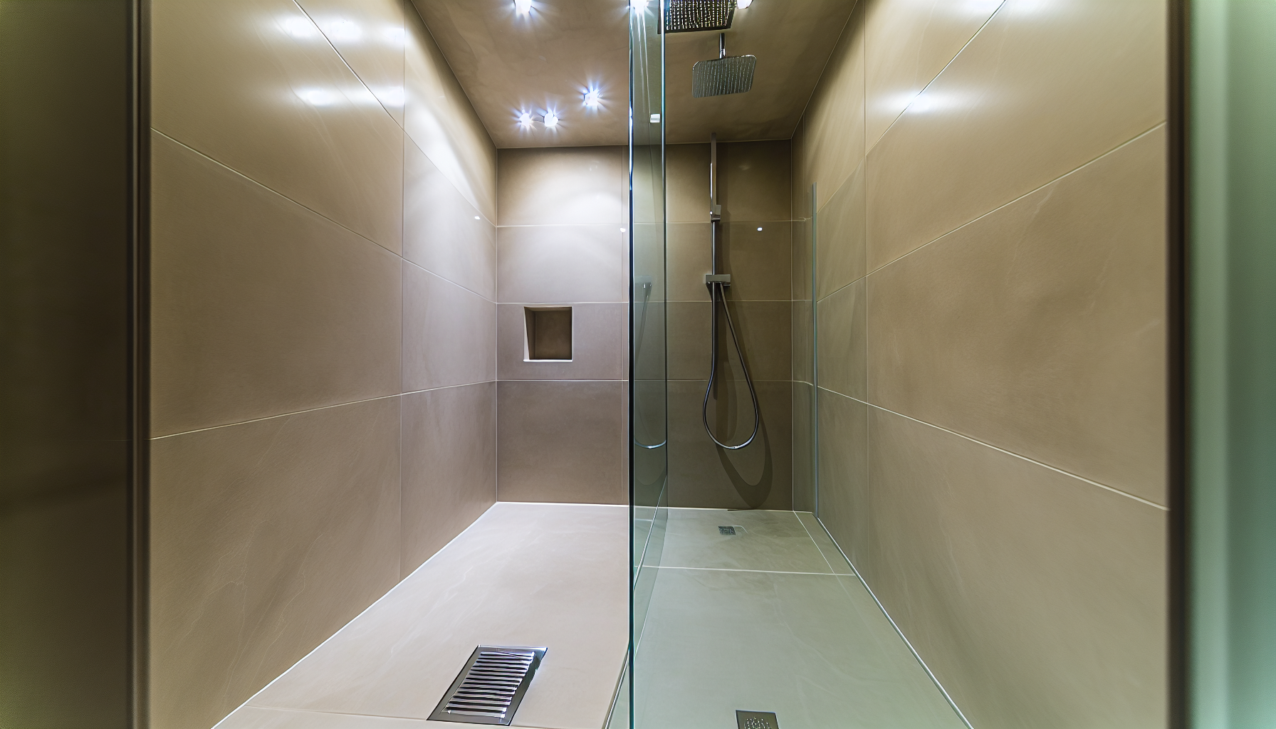 Eine moderne bodengleiche Dusche mit Glaswand und Ablaufrinne