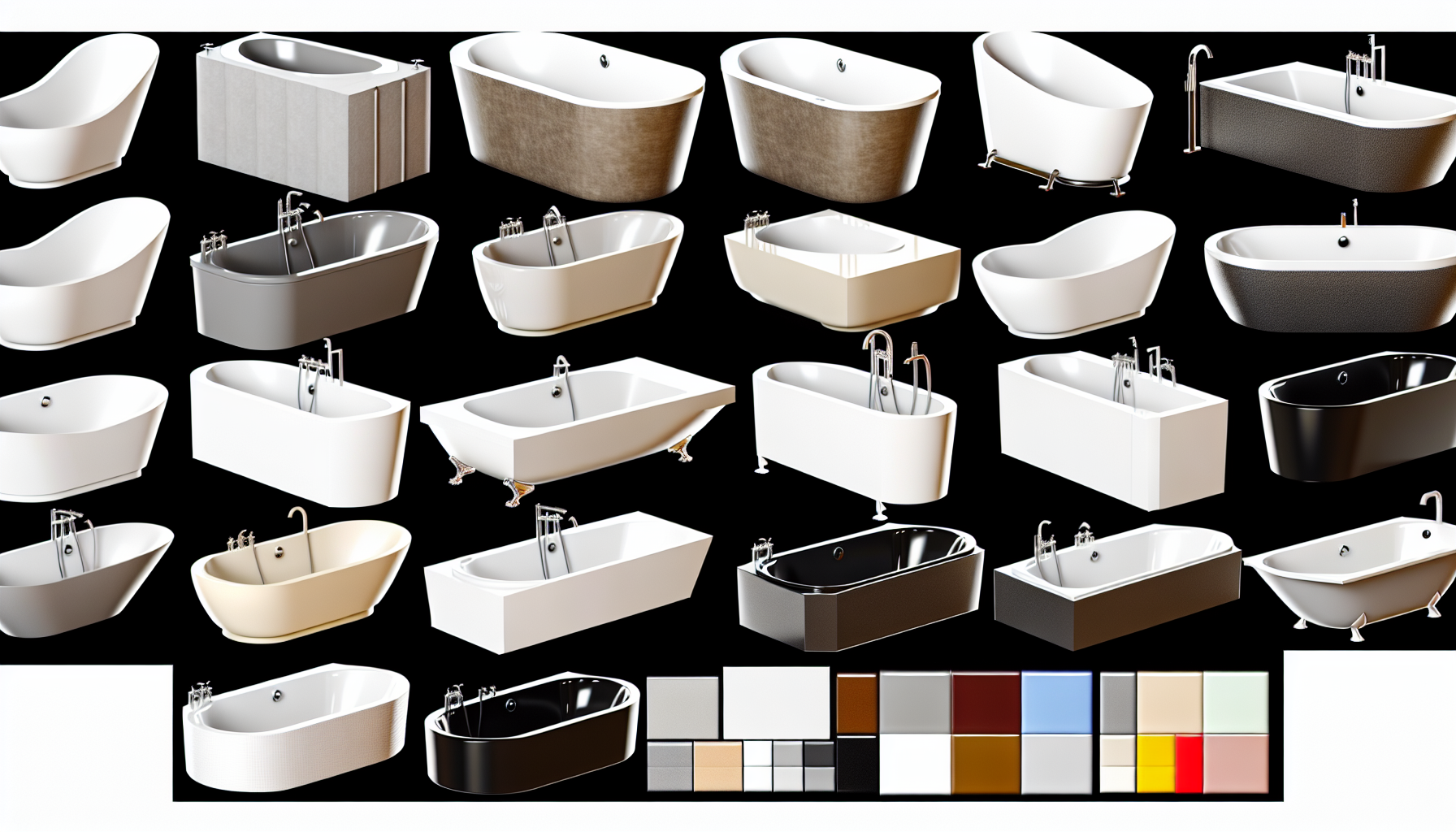 Verschiedene Materialien und Farben von Badewannen