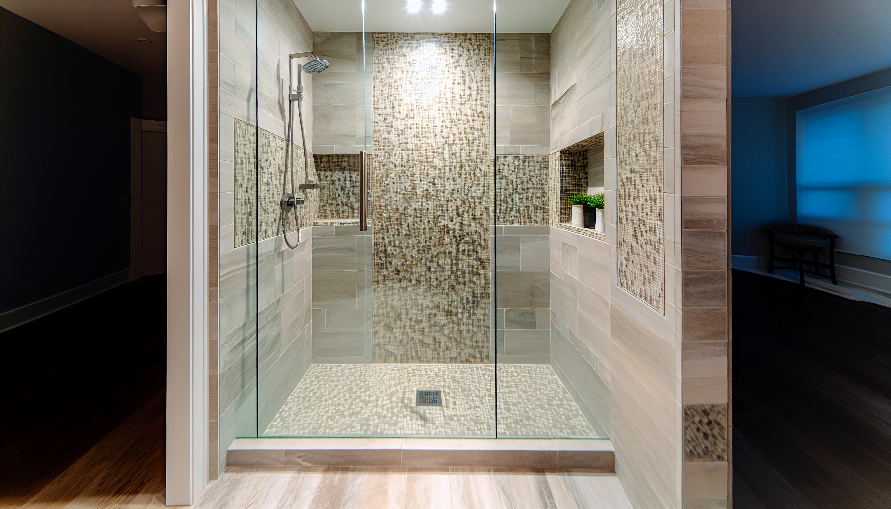 Eine geflieste begehbare Dusche mit einheitlichem Design im Badezimmer und erhöhtem Pflegeaufwand aufgrund der Fugen.