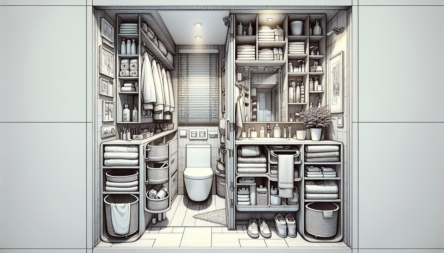 Illustration eines kleinen Badezimmers mit effizienter Raumnutzung durch Überbau-Systeme, Wandregale und multifunktionale Möbel