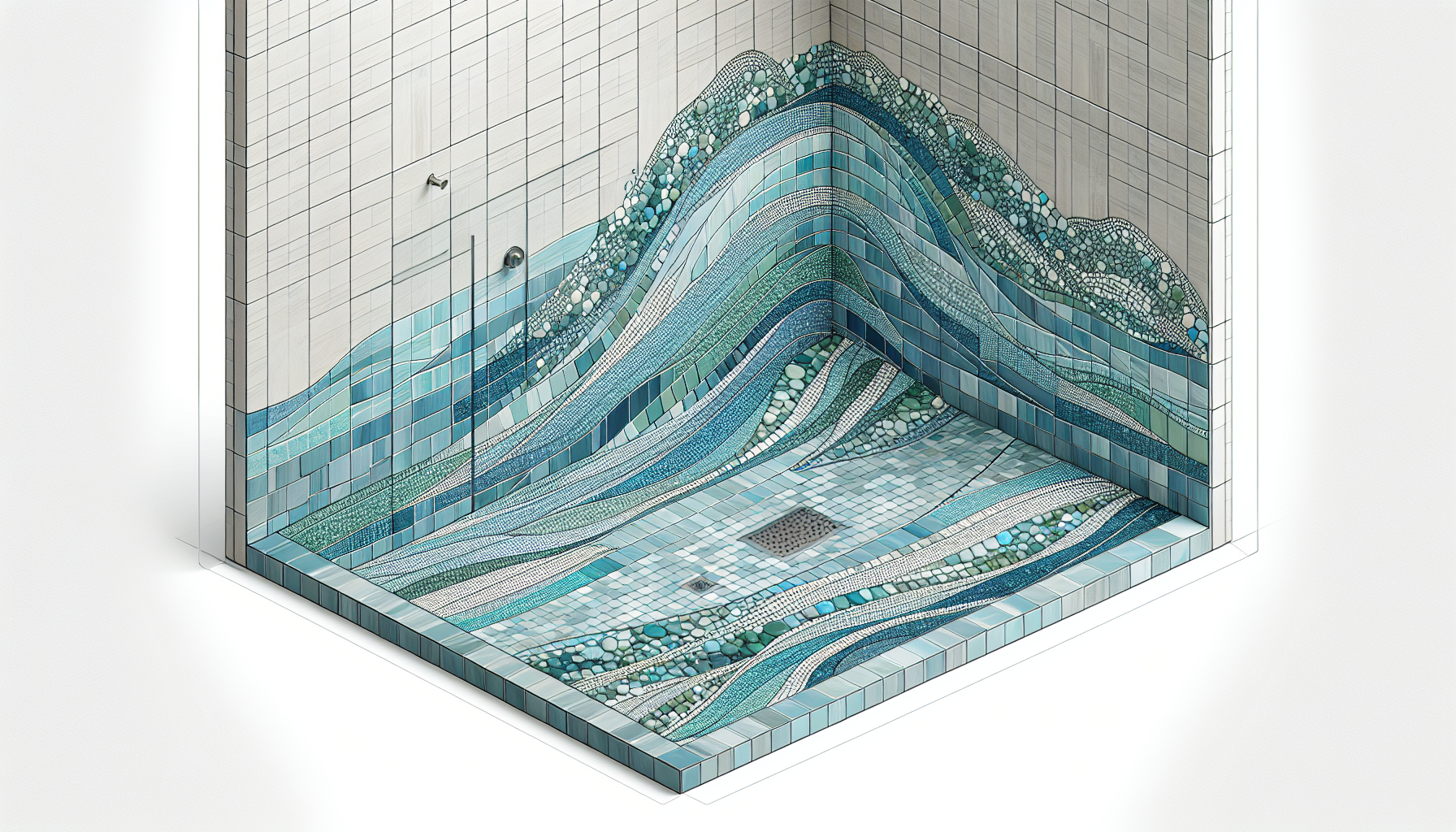 Die richtige Fliesengröße für Ihre bodengleiche Dusche. Illustration von kleinen Formaten und Mosaikfliesen für die Verlegung in einer bodengleichen Dusche.