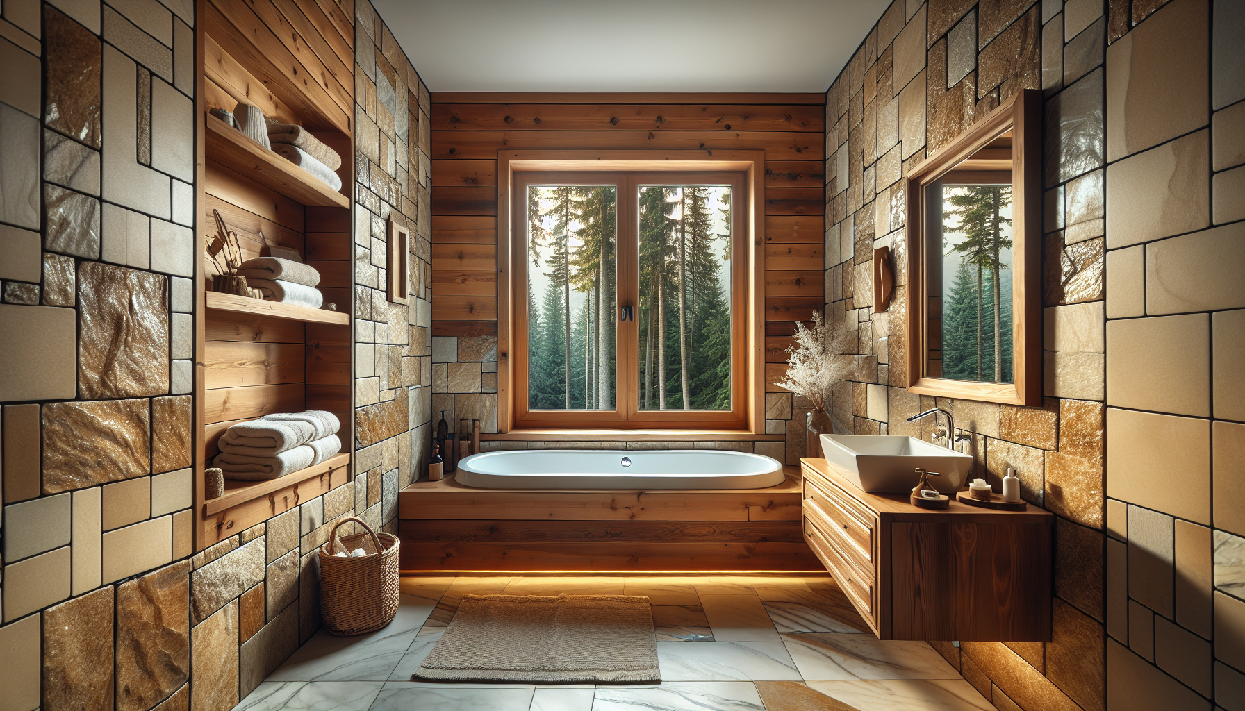 Warmes und gemütliches Badezimmer mit Natursteinfliesen und Holzelementen