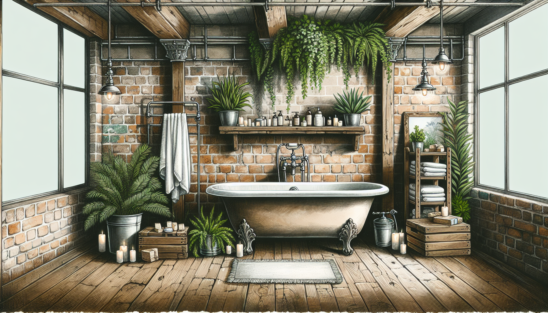 Natürliche Akzente im Industrial Style Badezimmer mit Pflanzen und Deko-Elementen