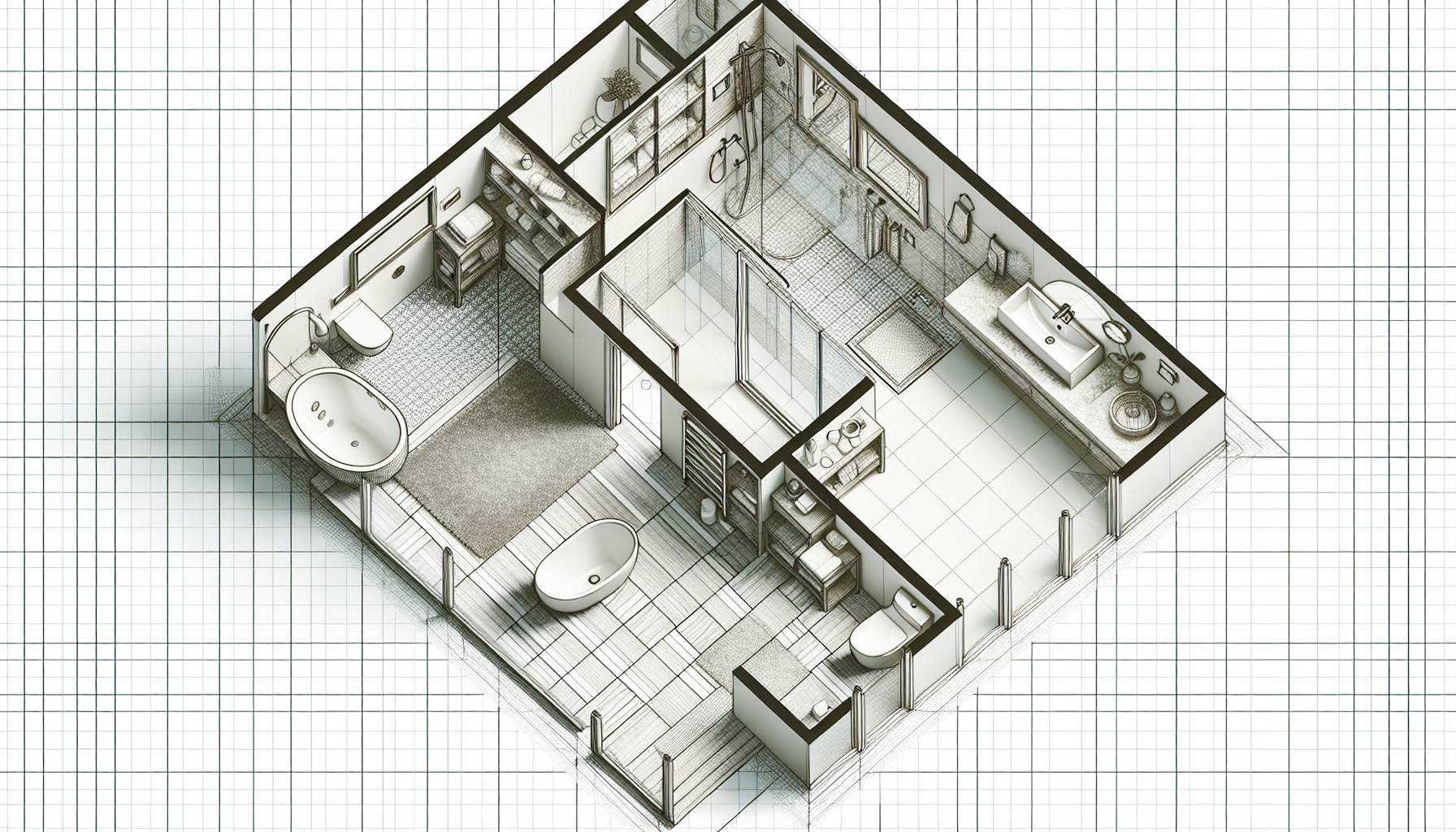 Grundrissplan eines Badezimmers mit geplanten Elementen wie Dusche, Badewanne, Toilette und Waschbecken