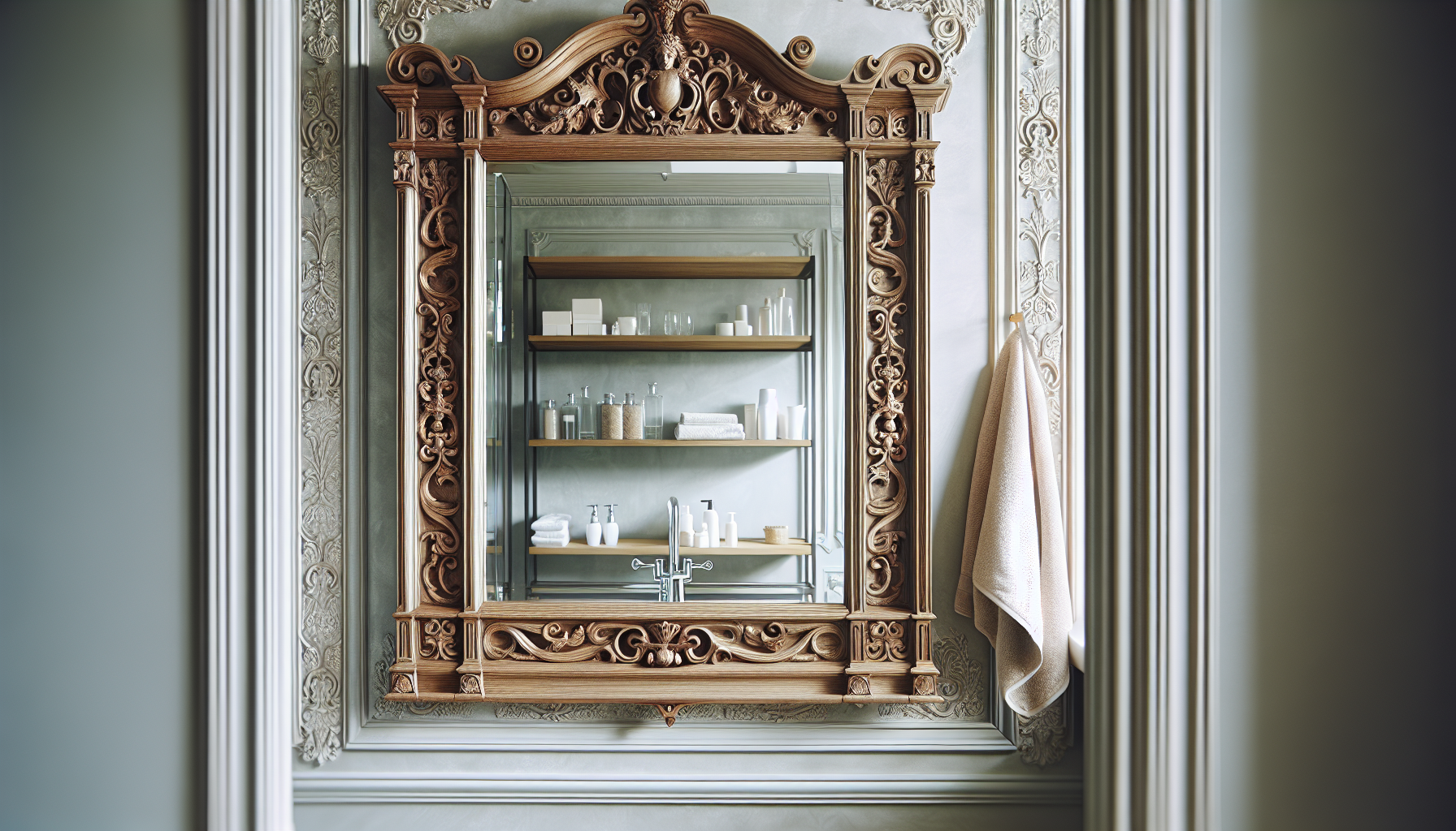 Ein dekorativer Spiegelschrank, der als Stauraum und dekoratives Element im Badezimmer dient