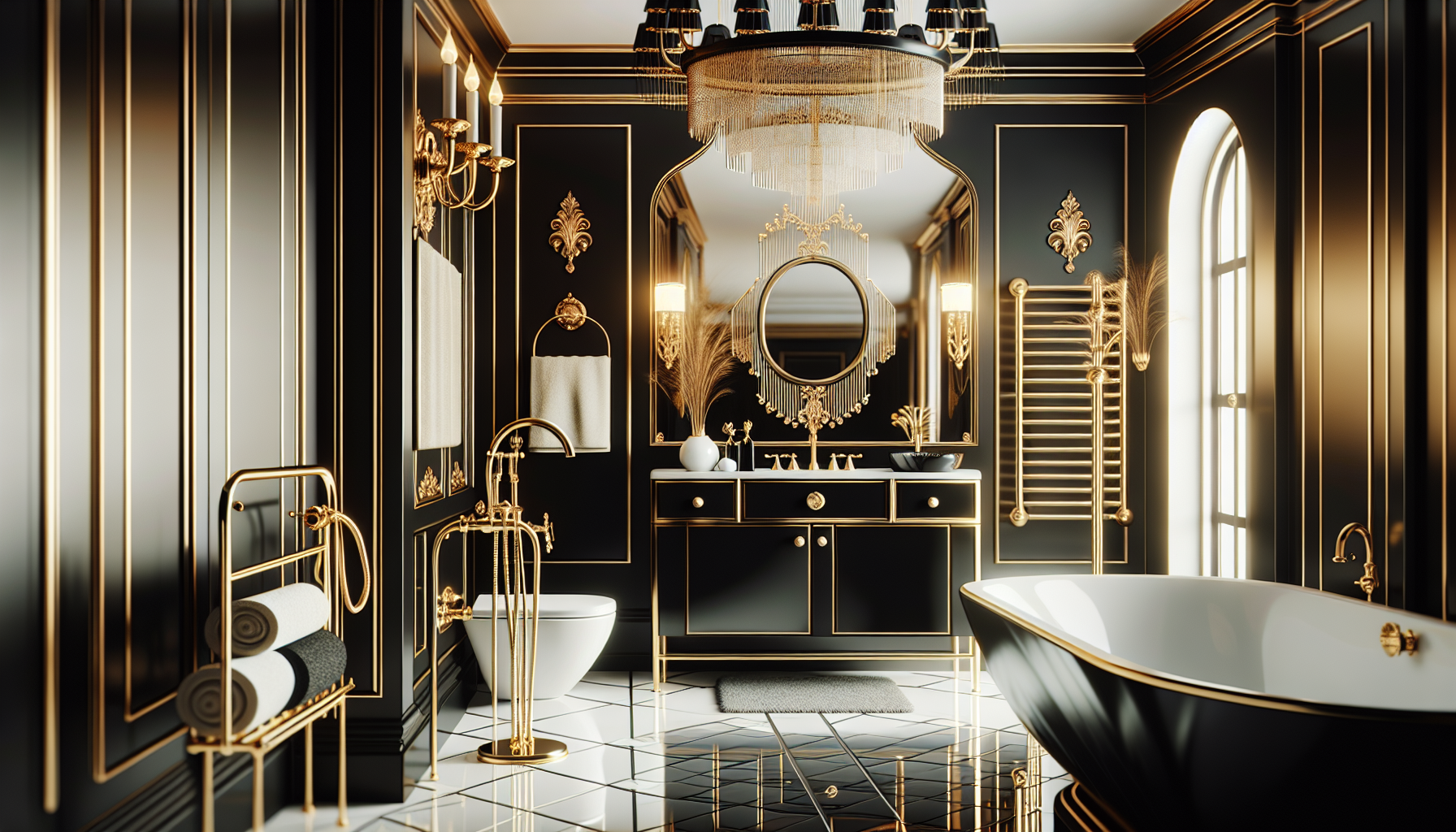 Luxuriöse schwarze Badezimmerarmaturen in Kombination mit goldenen Akzenten