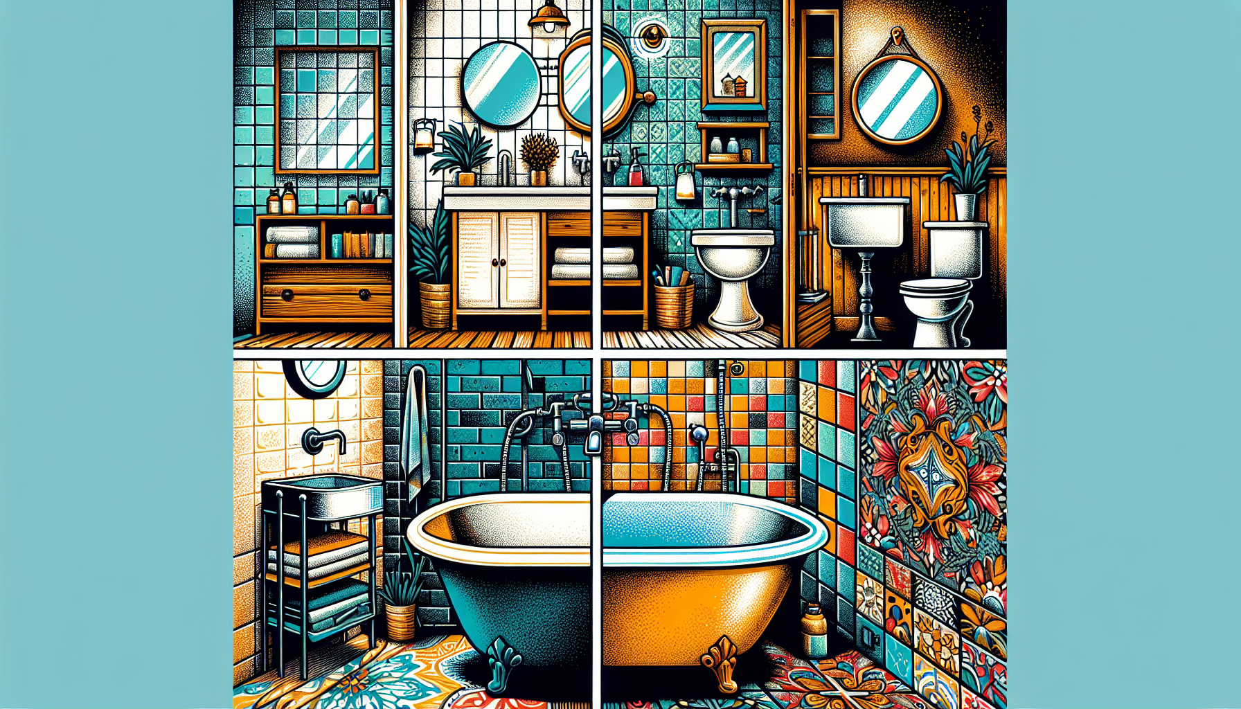 Verschiedene Badezimmerstile wie puristisch, Landhausstil, Industriedesign und farbenfroh