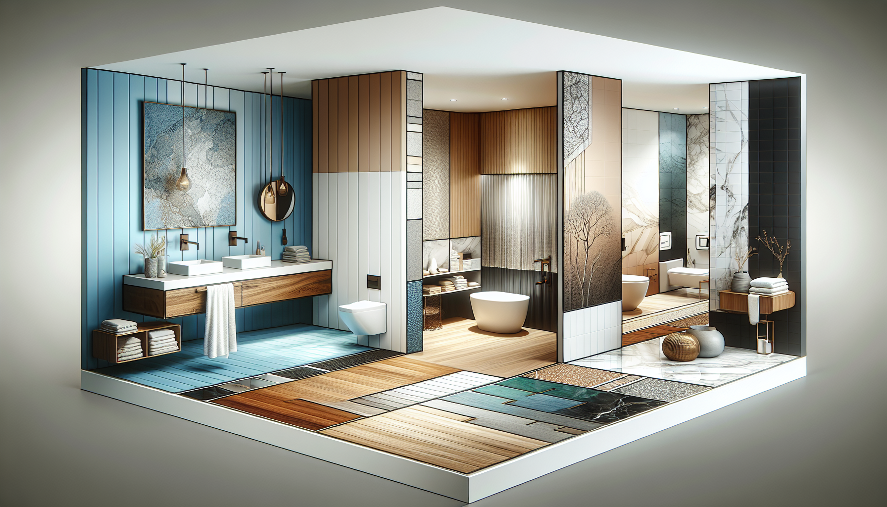 Farben und Materialien: Illustration von verschiedenen Farben und Materialien für die Badgestaltung in einem großen Badezimmer