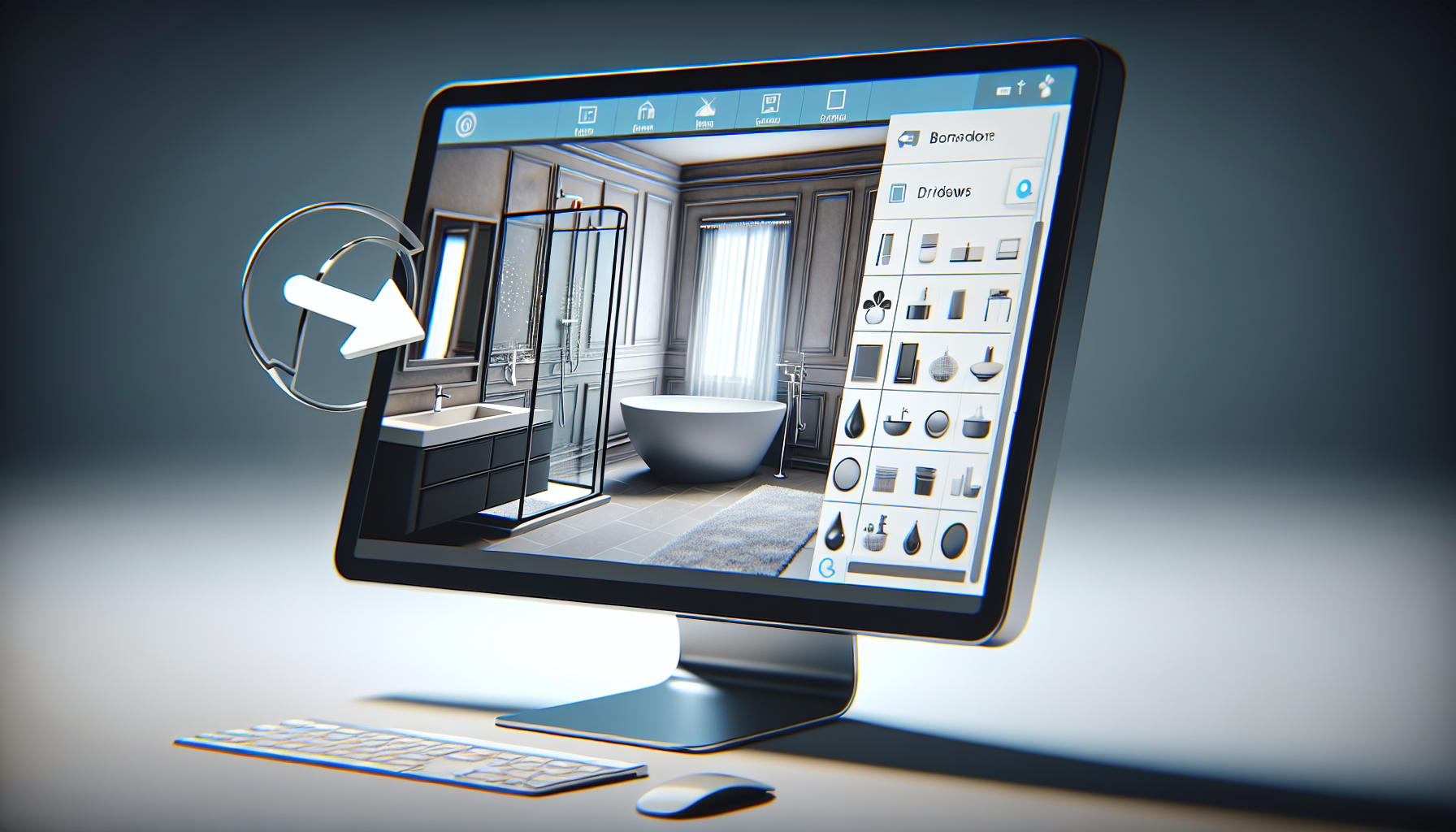 Ein 3D-Badplaner-Tool auf einem Computerbildschirm, das die Visualisierung eines Badezimmers zeigt