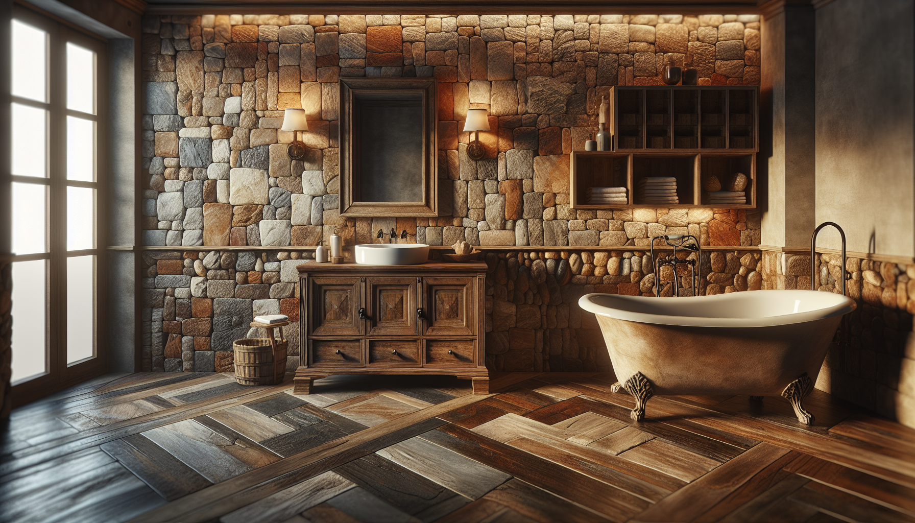 Naturstein und Holz als warme Akzente in Badeinrichtungen