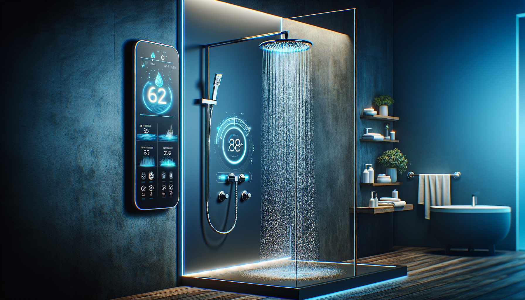 Illustration einer modernen smarten Dusche mit individuellen Anpassungsmöglichkeiten und effizienter Wassernutzung