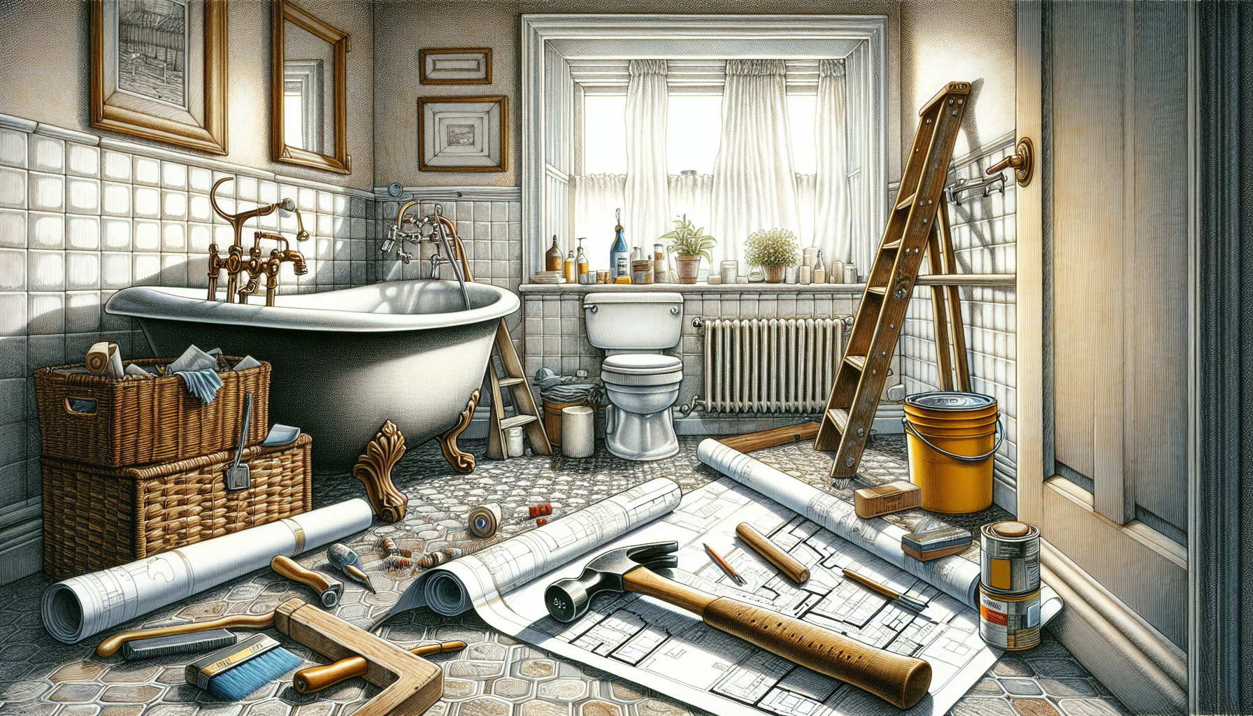 Illustration eines Badezimmers mit Renovierungsutensilien