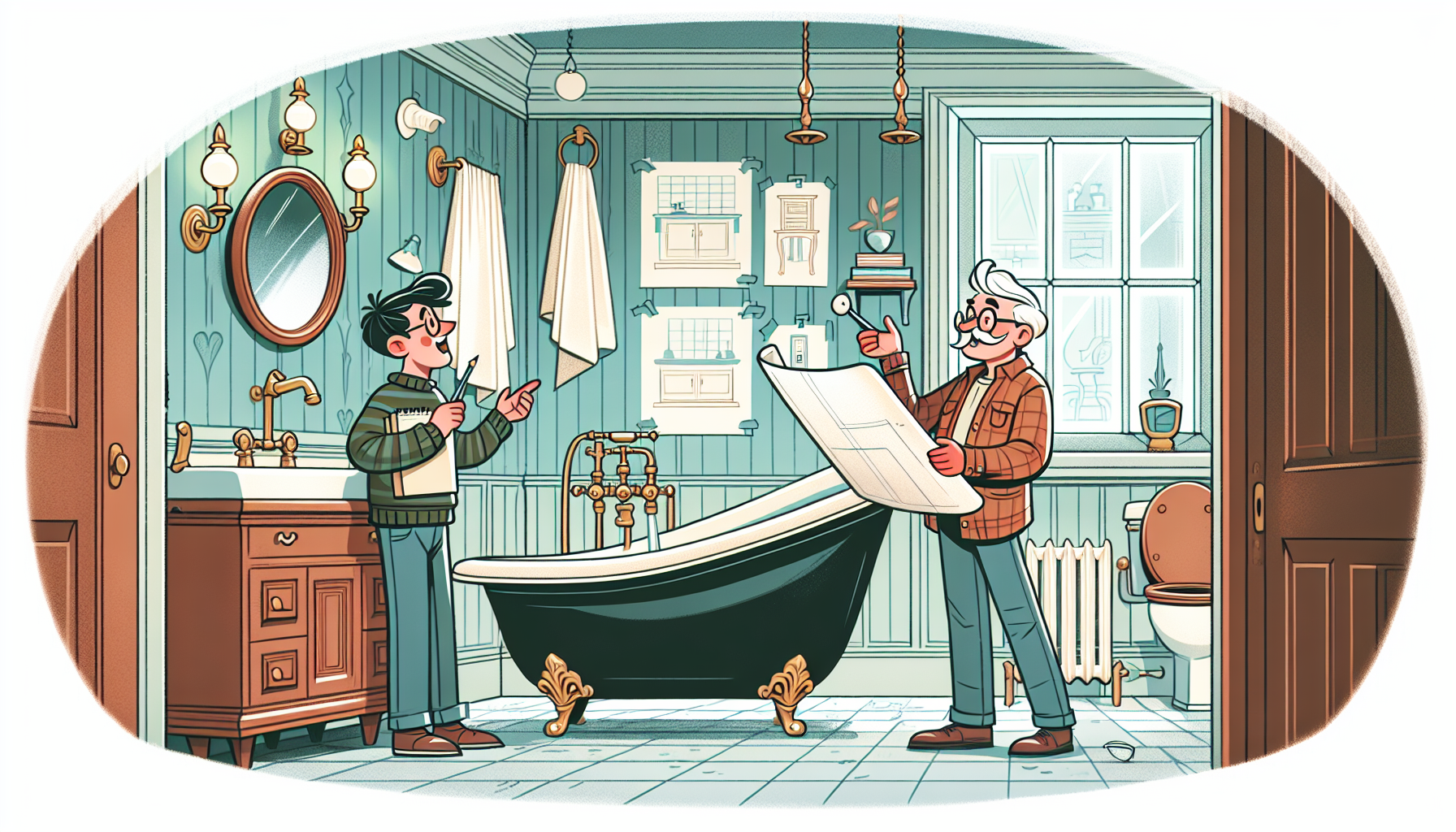 Illustration von Mieter und Vermieter diskutieren über Badrenovierung