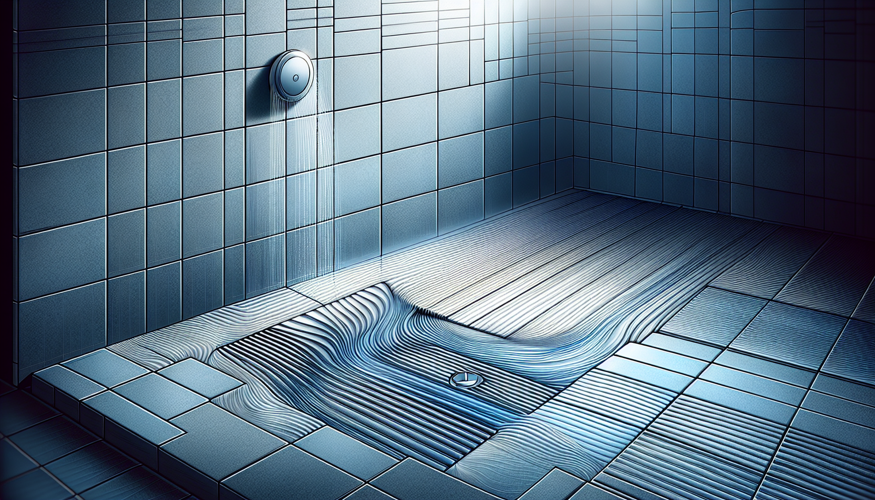 Duschablauf und Fliesenverlegung. Illustration eines korrekten Gefälles und fachgerechten Verlegung von Fliesen in der Dusche.