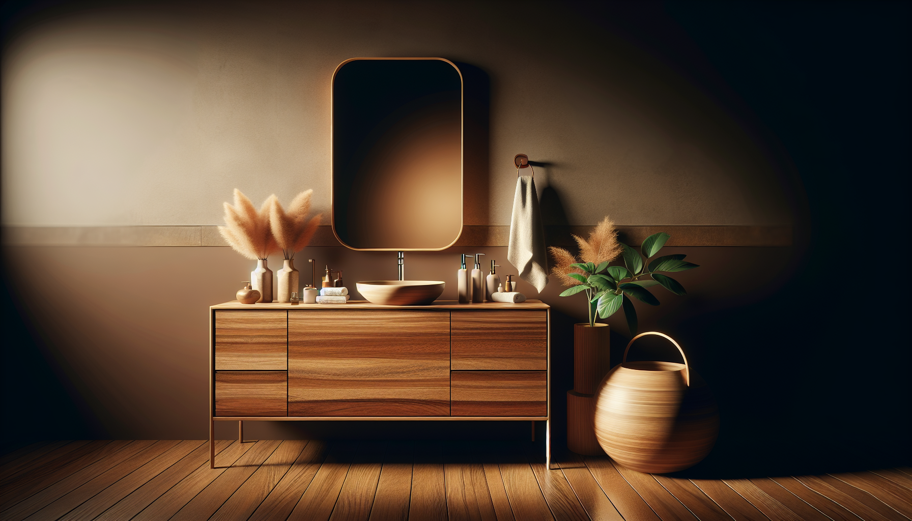 Moderne Badmöbel aus Holz schaffen eine natürliche Atmosphäre im Badezimmer