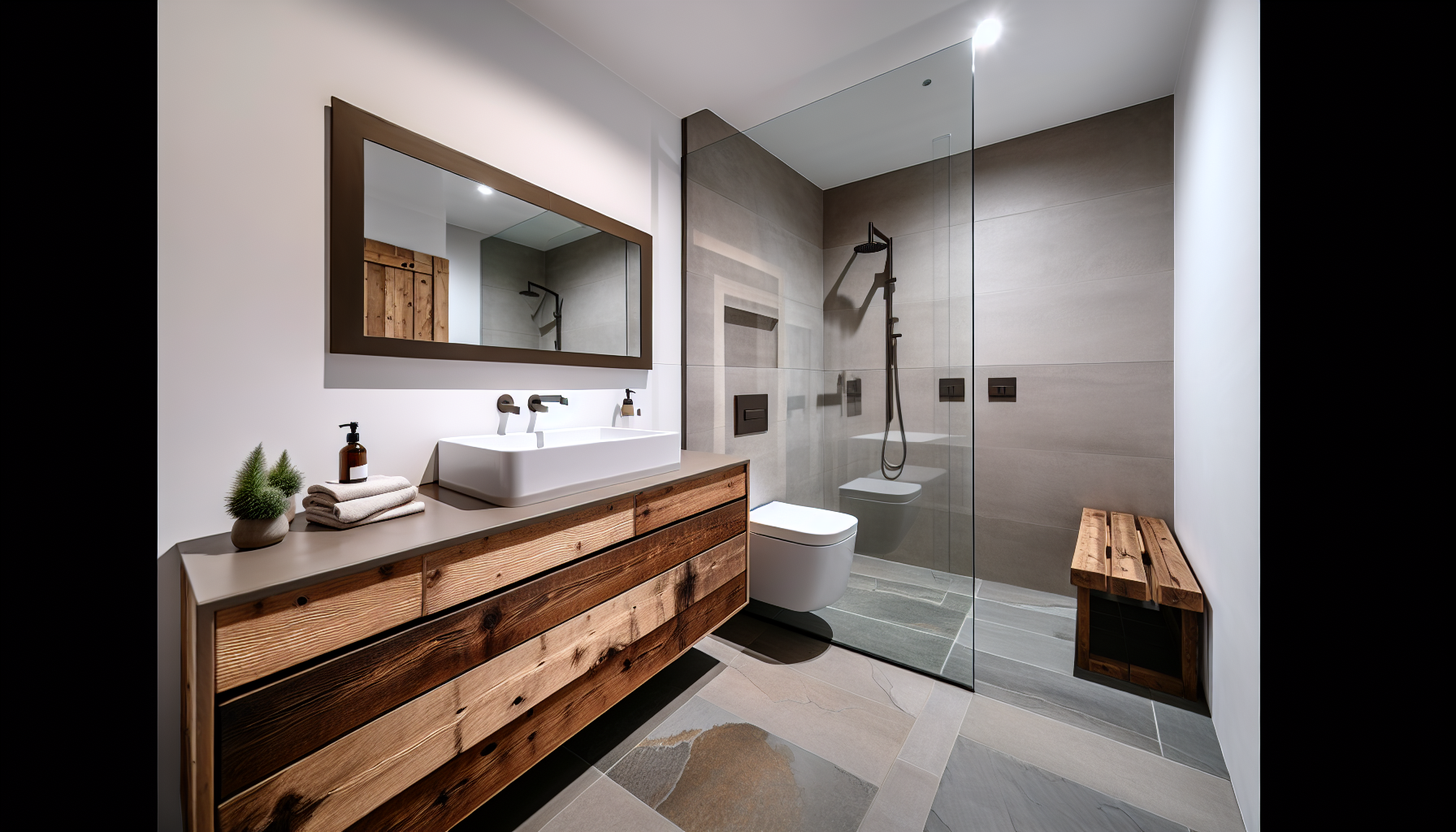 Moderne Badezimmergestaltung mit Holzelementen und Armaturen