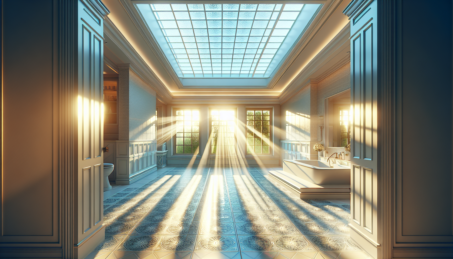 Natürliches Licht: Illustration eines Badezimmers mit großen Fenstern und Oberlichtern für die Nutzung von natürlichem Licht
