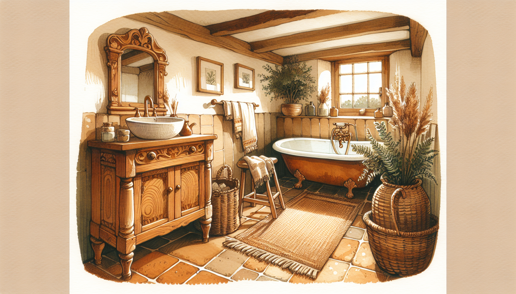Gemütliches Badezimmer im Landhausstil mit natürlichen Materialien und warmen Farben