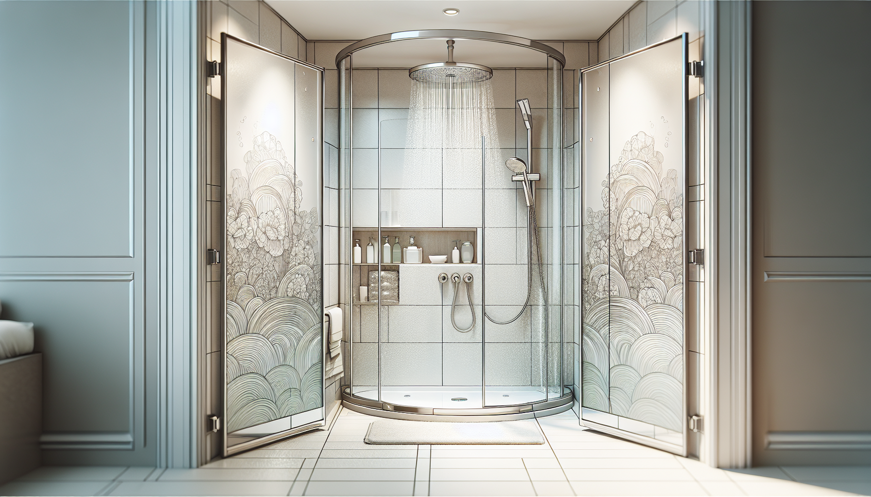 Illustration eines kleinen Badezimmers mit bodengleicher Dusche und Eckdusche