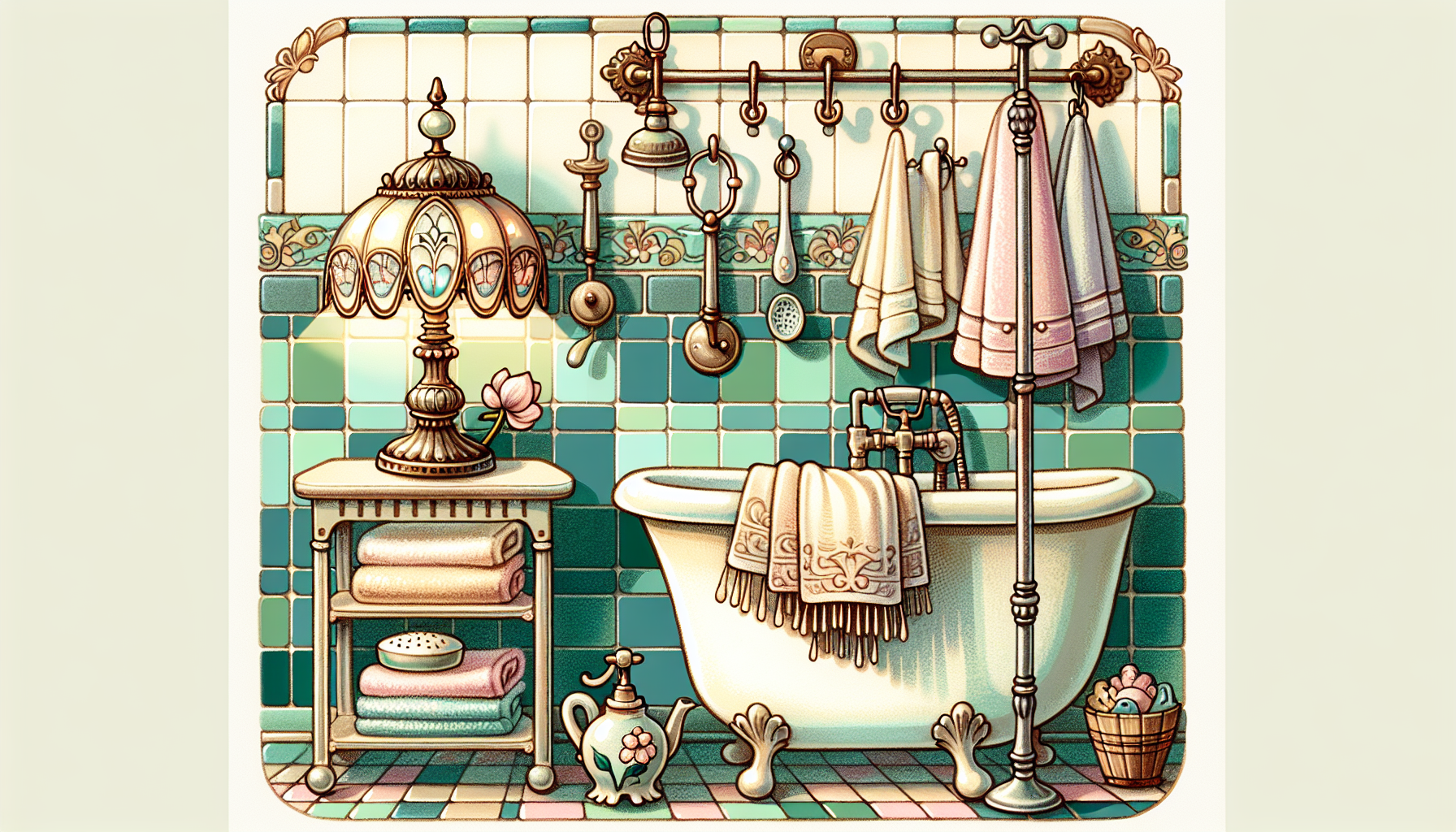 Stilechte Accessoires für das Retro-Badezimmer, darunter Art-Déco-Lampen, Hakenleisten und Seifenspender