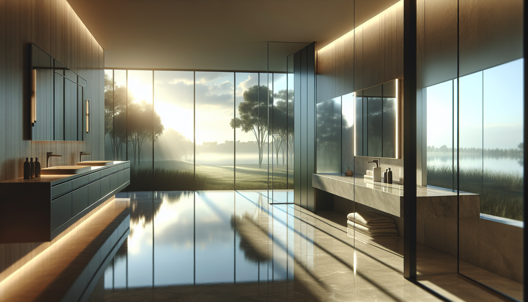 Natürlicher Lichteinfall im Badezimmer mit großen Fenstern und reflektierenden Oberflächen