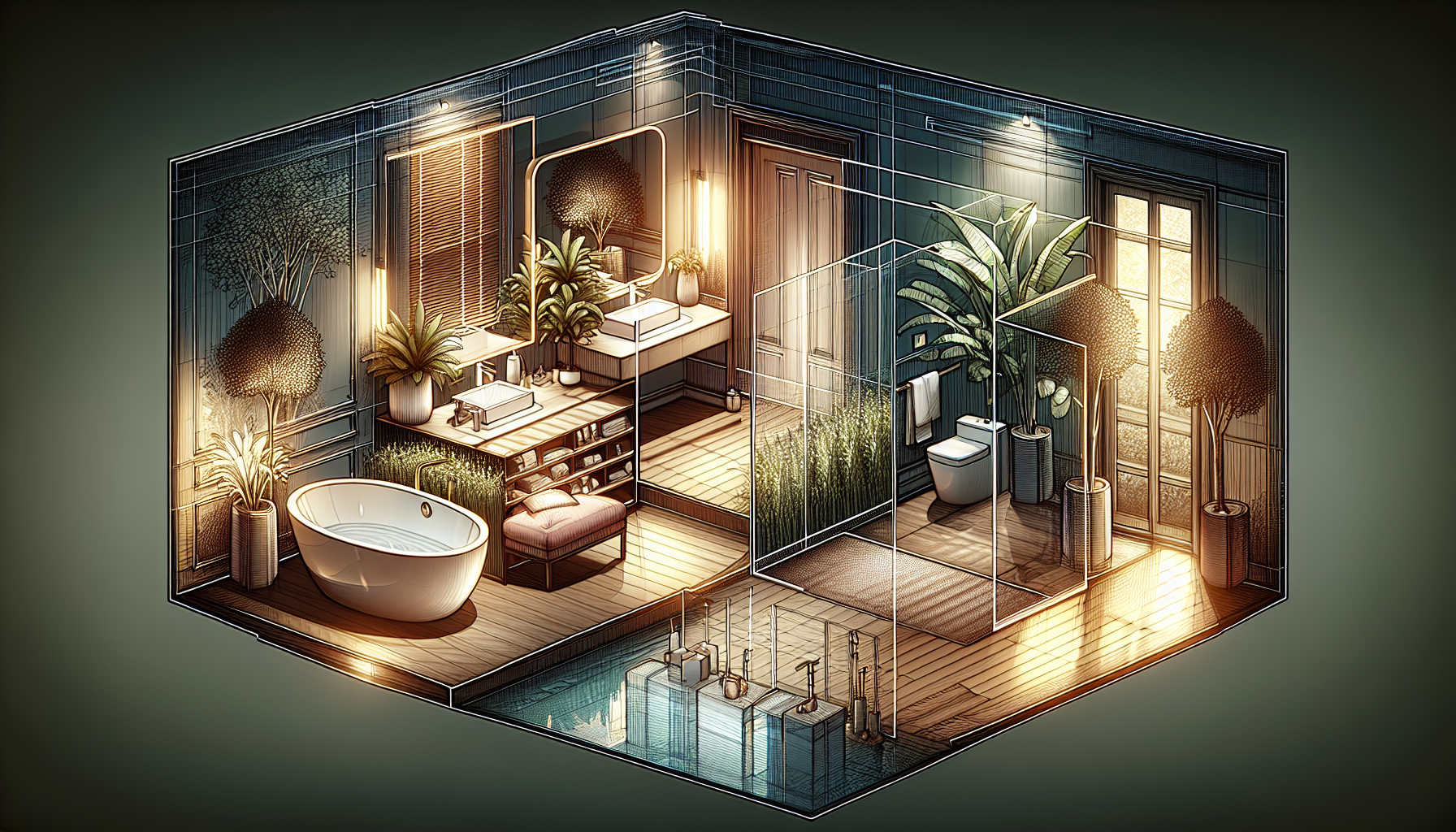 Raumgestaltung und Zonenbildung: Illustration eines großen Badezimmers mit kreativer Raumaufteilung und Einrichtungsgegenständen