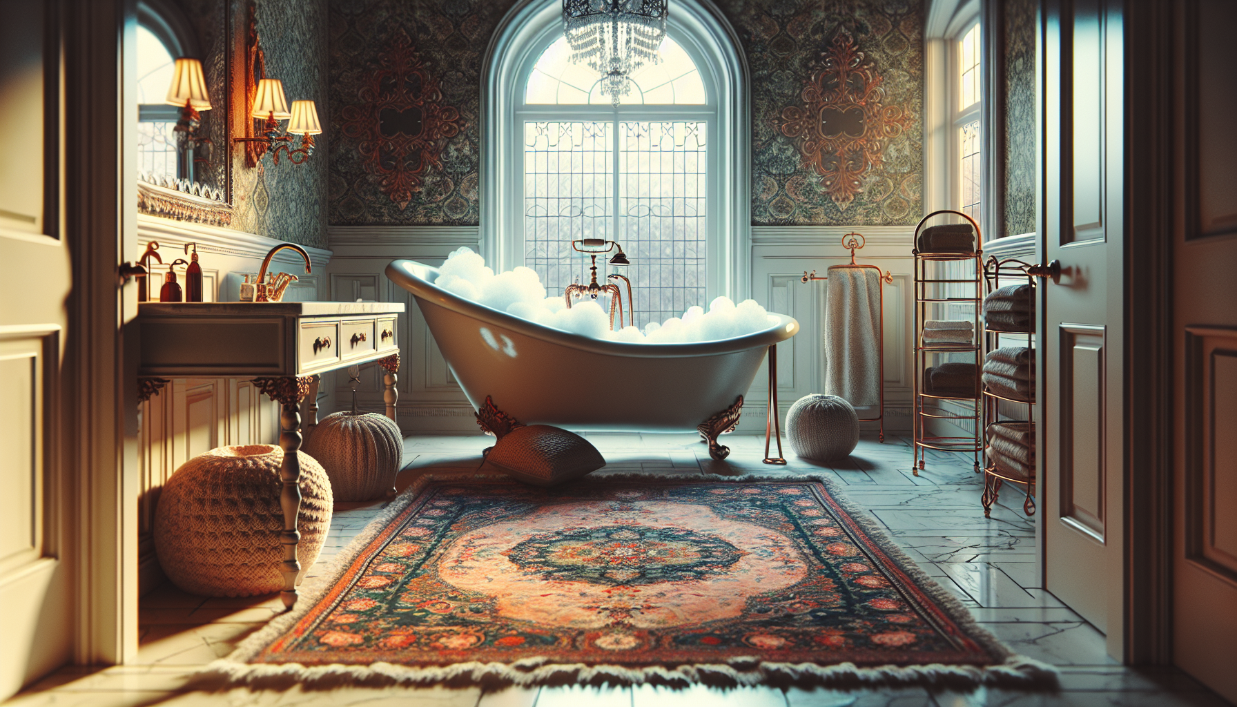 Dekoration und wohnliche Akzente: Illustration von dekorativen Elementen und wohnlichen Akzenten in einem großen Badezimmer