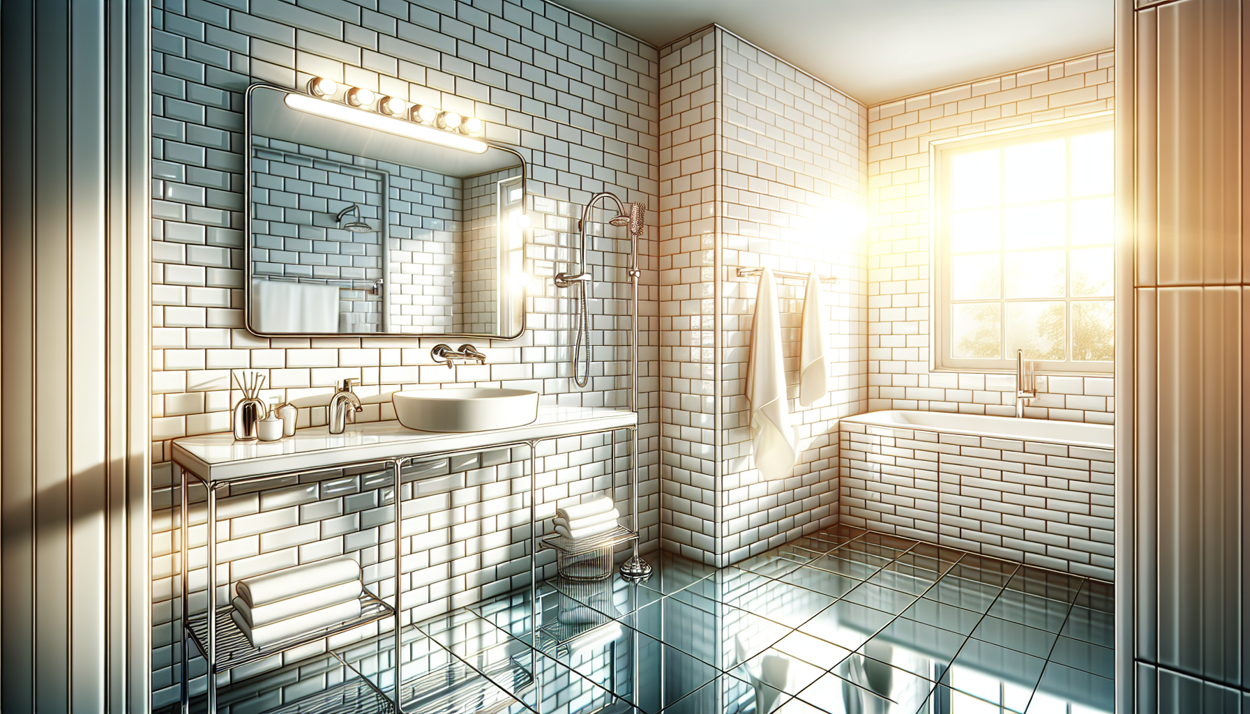 Hochglanzfliesen und glänzende Sanitärobjekte für helles Badezimmer