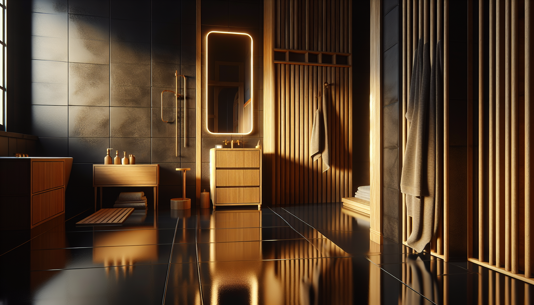 Ein gemütliches Badezimmer mit schwarzen Bodenfliesen und Holzelementen