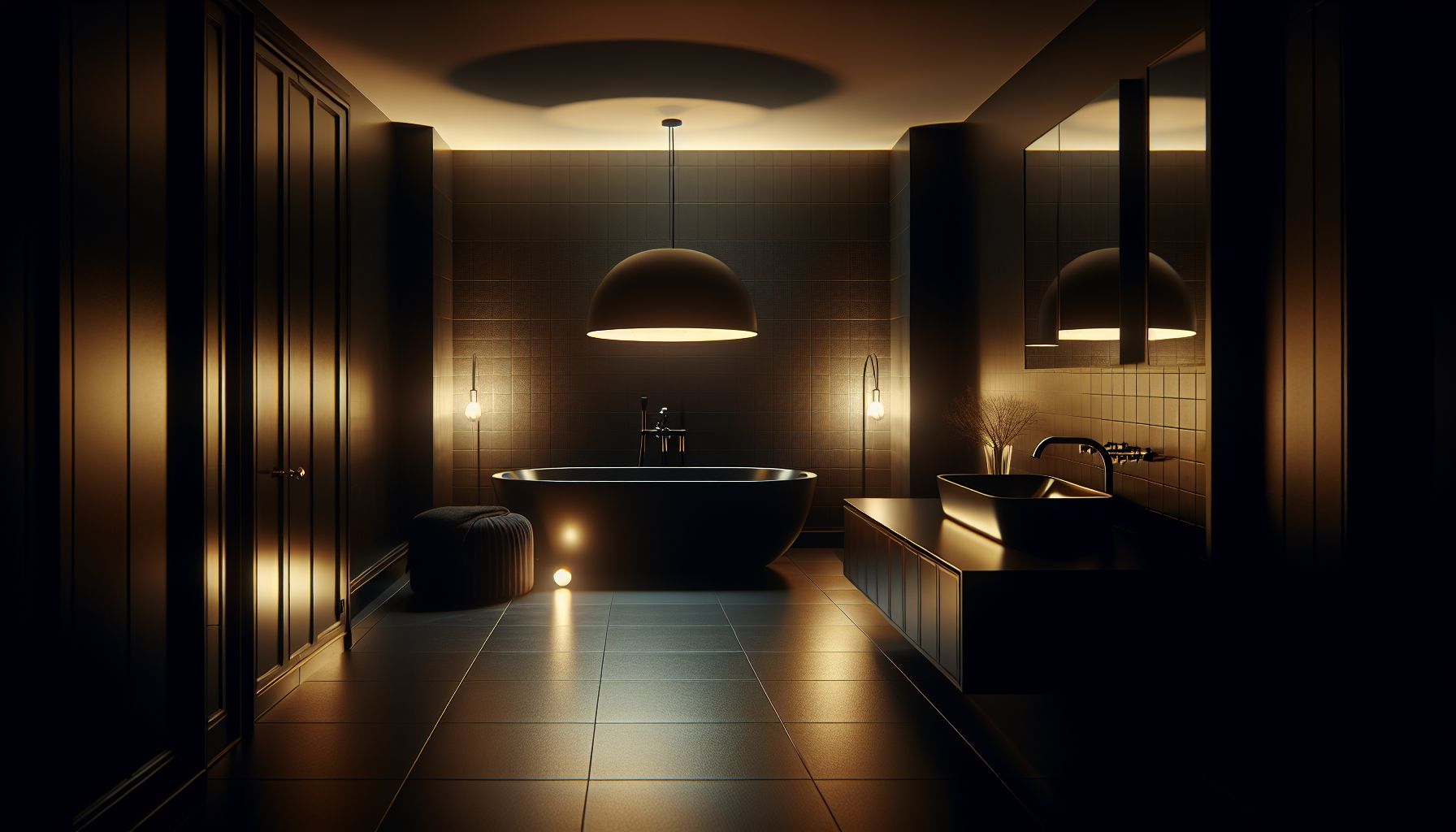 Stimmungsvolle Beleuchtung in einem eleganten schwarzen Badezimmer