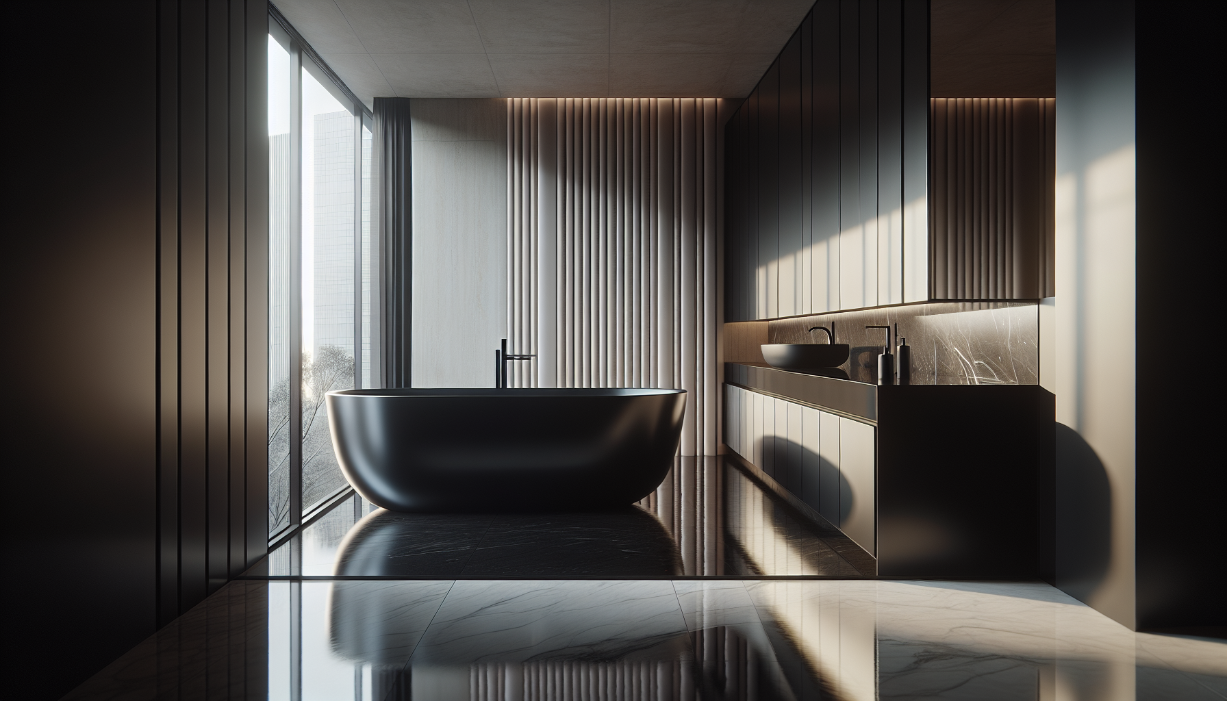 Eine elegante schwarze Badewanne in einem modernen Badezimmer