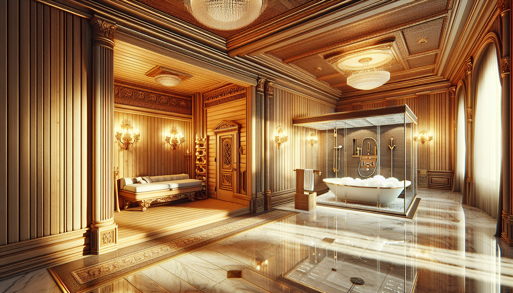 Luxuriöse Elemente für das große Bad: Illustration einer Sauna, einer freistehenden Badewanne und einer Dampfdusche in einem luxuriösen Badezimmer