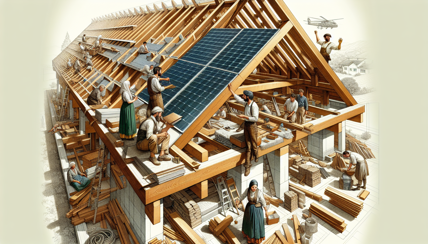 Illustration der Errichtung eines Pultdaches mit verschiedenen Materialien