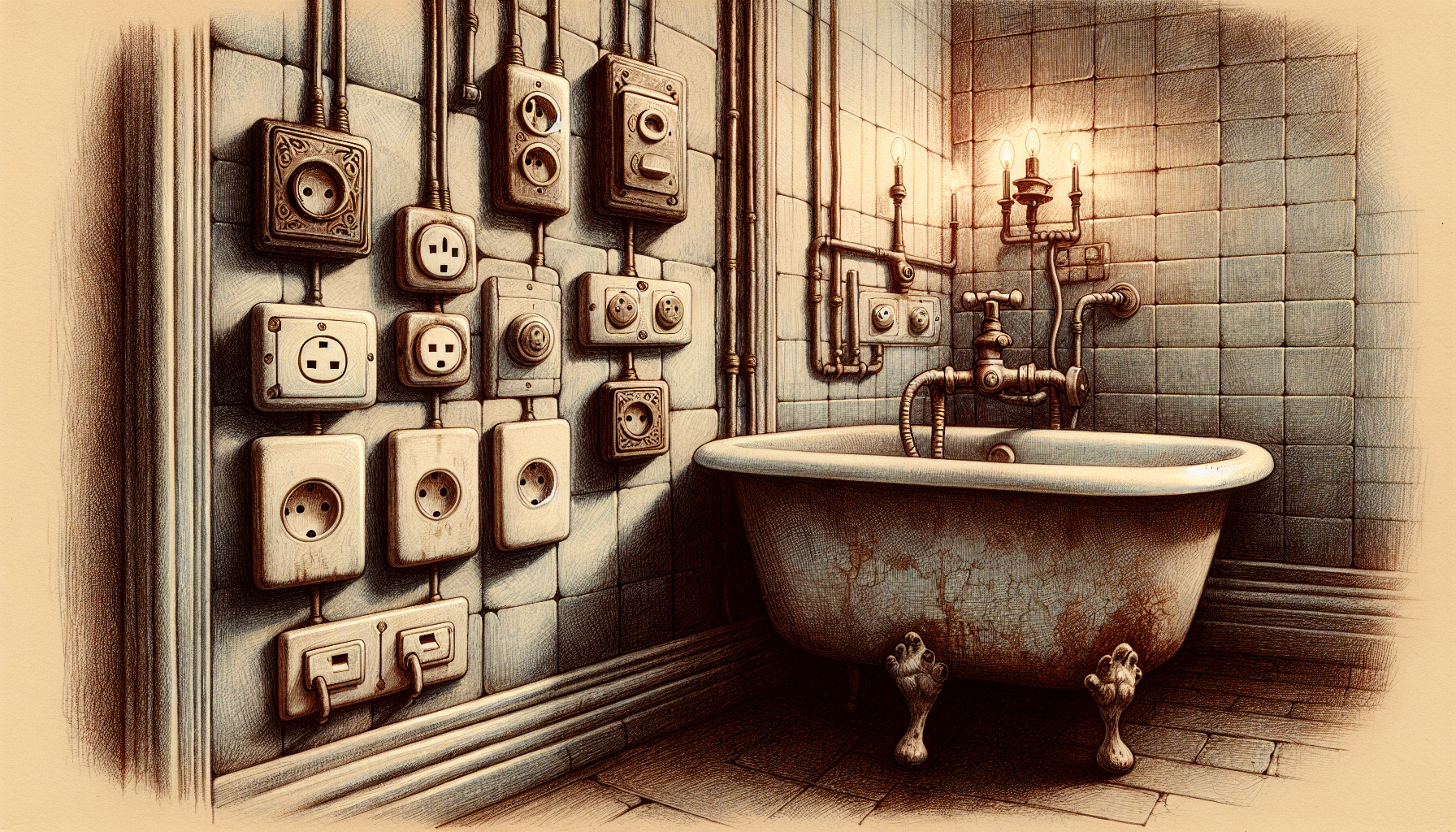 Illustration einer alten Elektroinstallation im Badezimmer