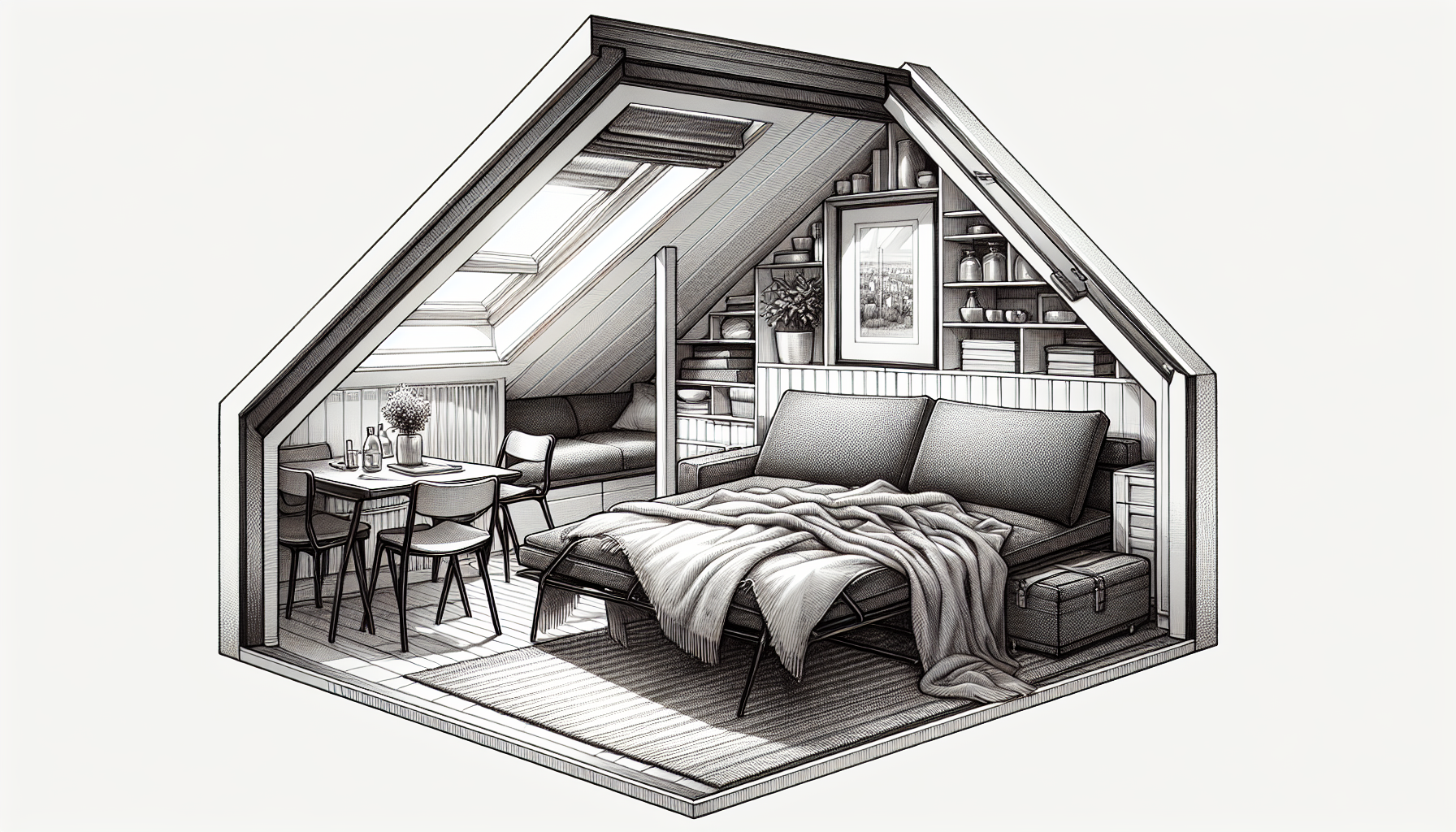 Raumsparwunder: Illustration von platzsparenden Schlafsofas und Klappmöbeln für Dachgeschosswohnungen