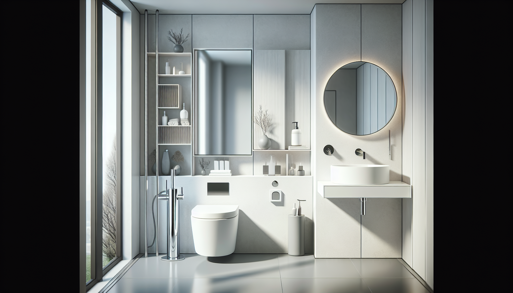 Sanitärinstallationen und Ausstattung. Ein stilvolles und platzsparendes Gäste-WC-Design mit modernen Sanitärmöbeln und Waschbecken.