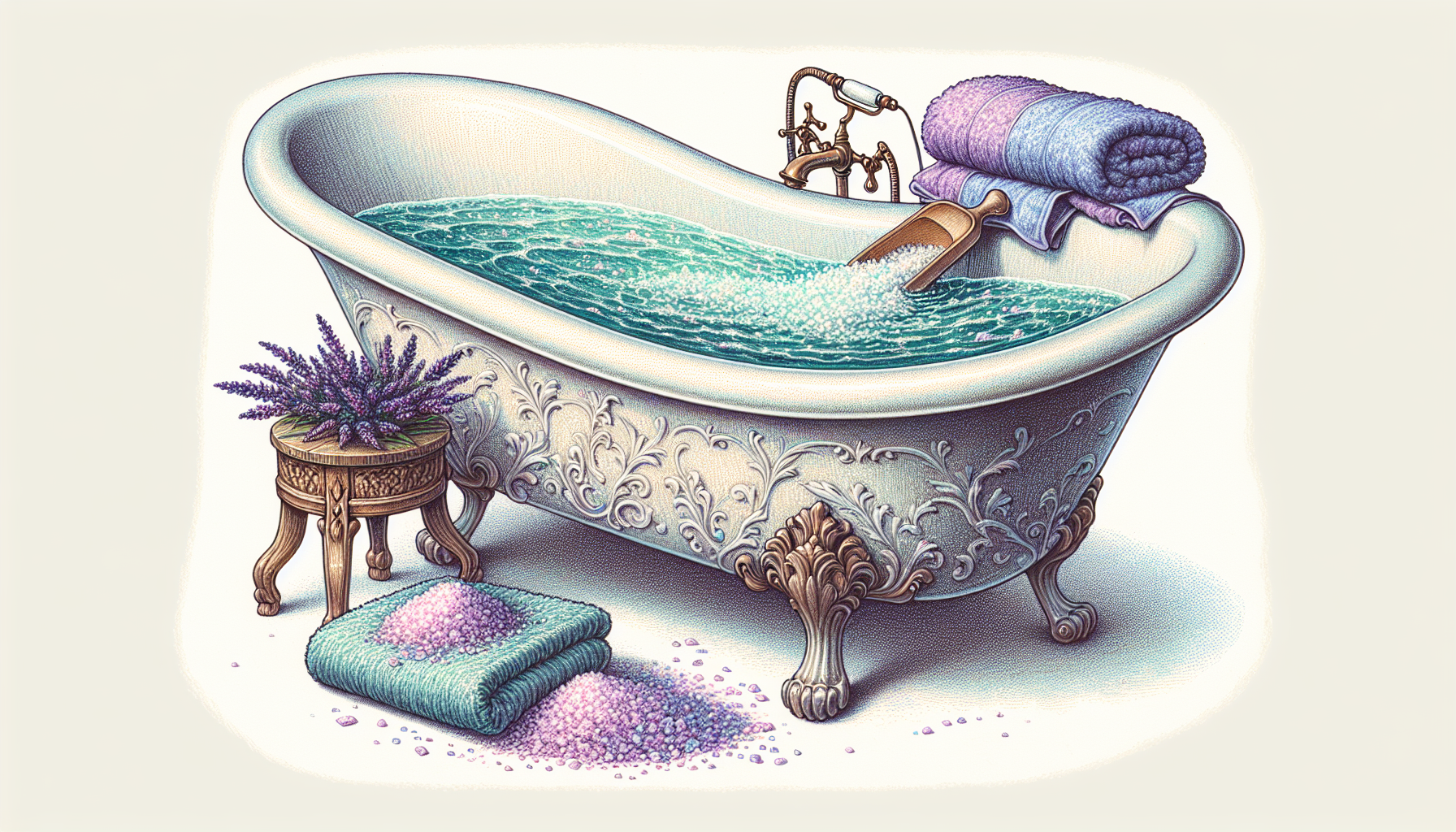 Illustration einer tiefen Badewanne mit Wasser und Badutensilien