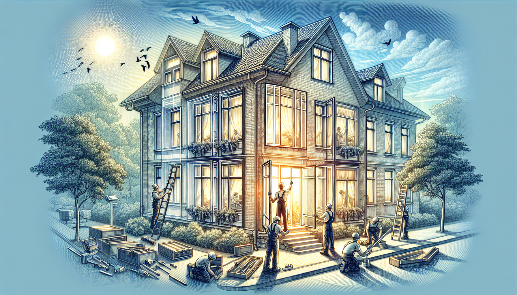 Illustration des Einbaus neuer Fenster in einem Mehrfamilienhaus