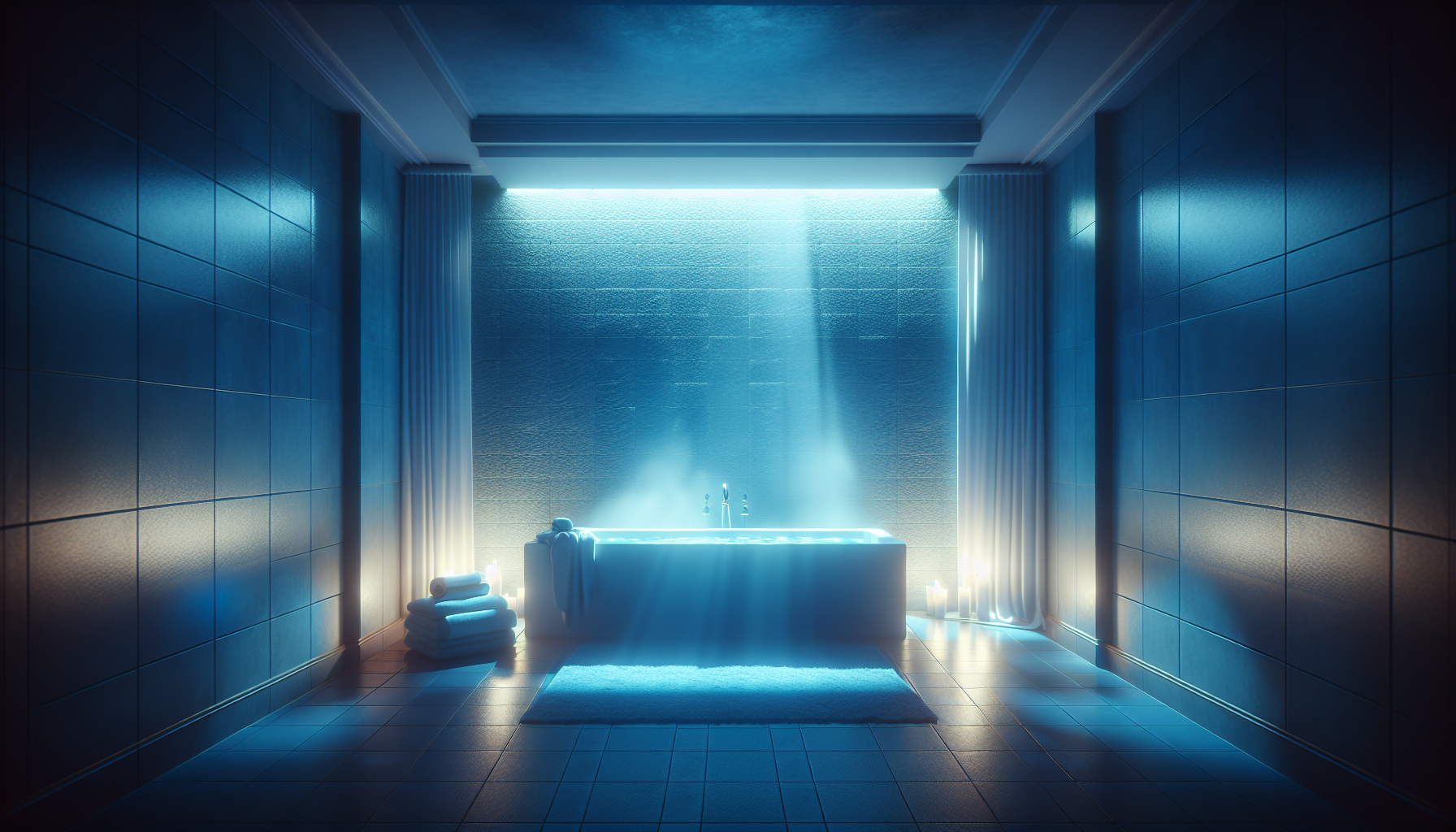Stimmungsvolle Beleuchtung in einem blauen Badezimmer