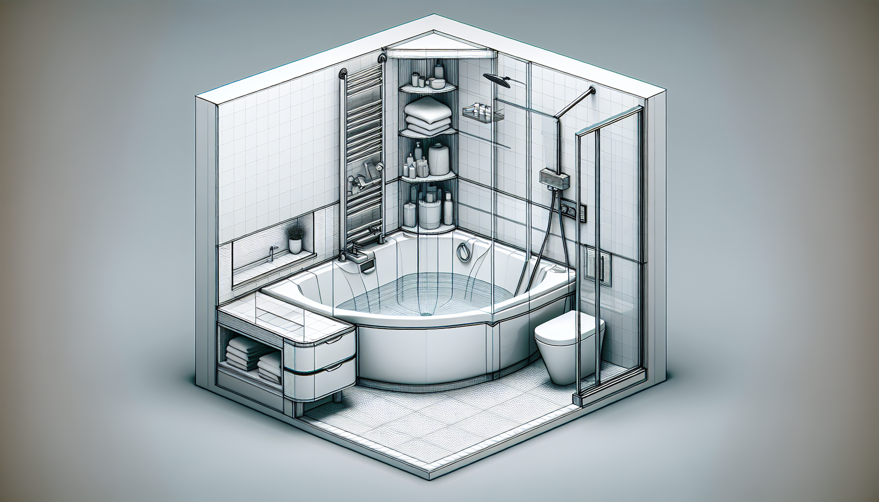 Innovative Eckbadewanne mit zusätzlichen Funktionen in einem kleinen Badezimmer