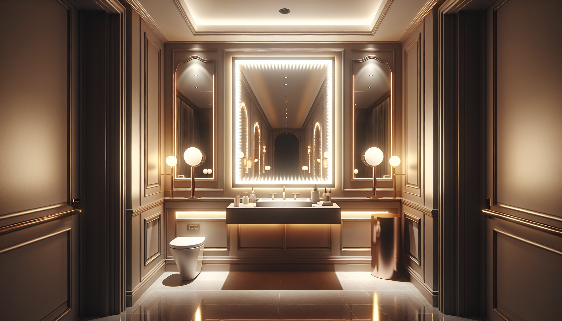Lichtkonzepte. Ein gut beleuchtetes Gäste-WC mit blendfreier Beleuchtung und beleuchtetem Kosmetikspiegel für optimale Lichtverhältnisse.