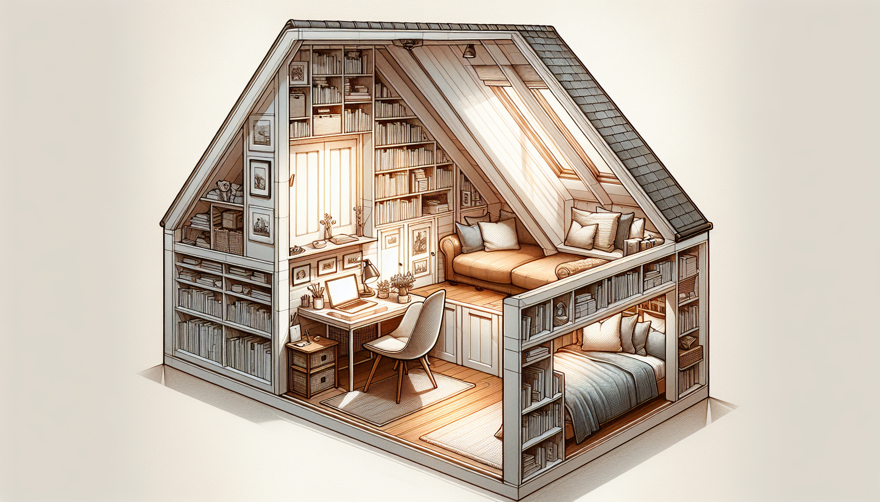 Illustration von einer cleveren Raumaufteilung im Dachgeschoss