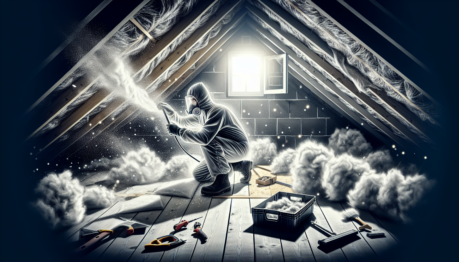 Illustration eines Eigenheimbesitzers, der Dämmarbeiten am Dachboden durchführt
