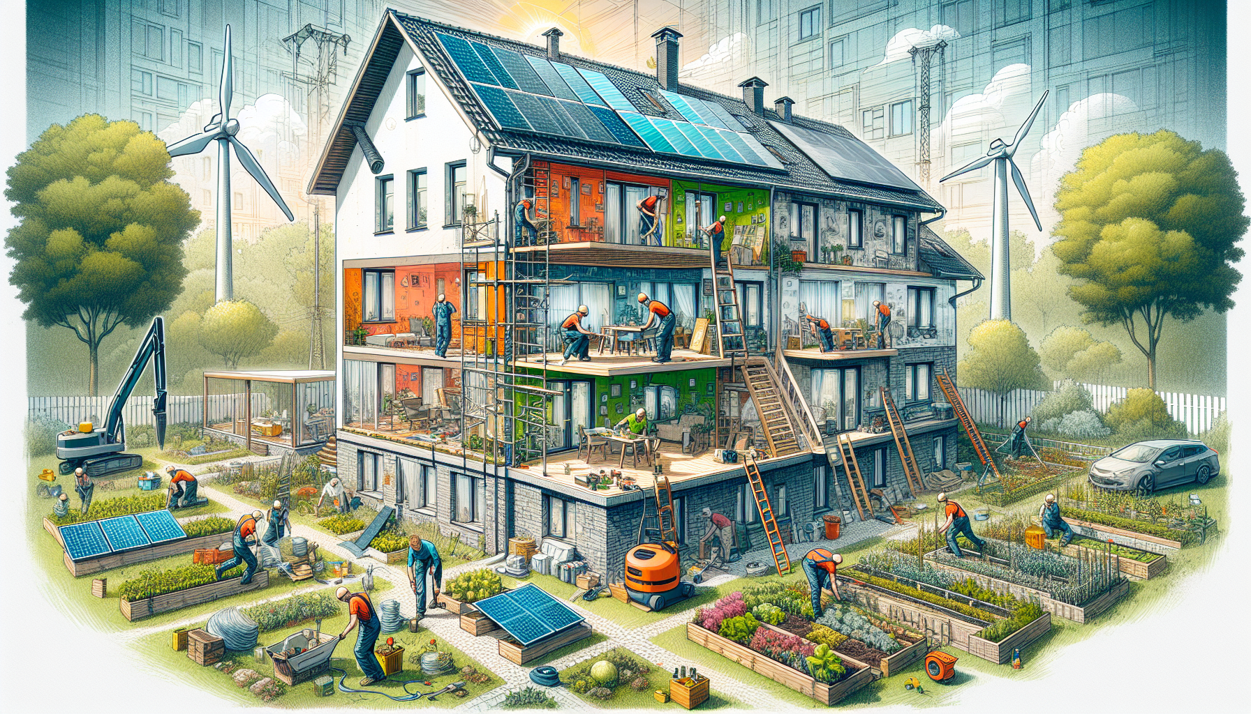 Energetische Sanierung im Mehrfamilienhaus: Grundlagen und Ziele. Illustration eines Mehrfamilienhauses mit energetischer Sanierung