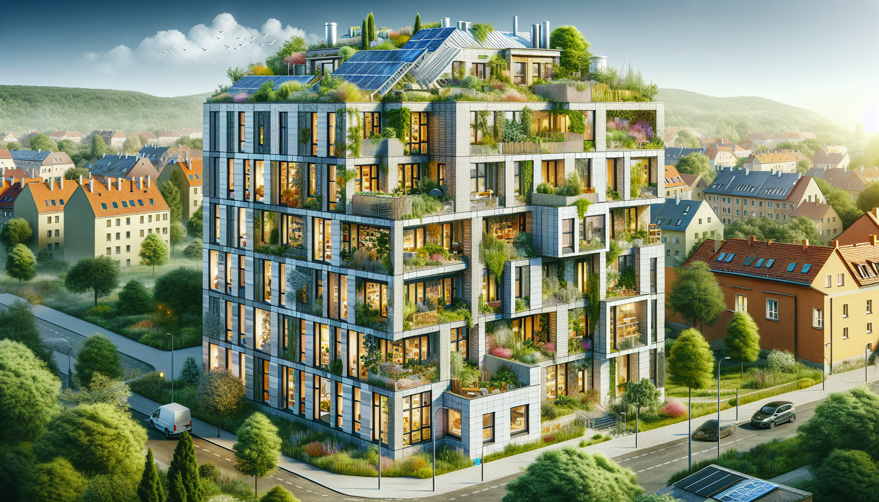 Illustration eines energetisch sanierten Wohngebäudes mit effizienter Fassadendämmung