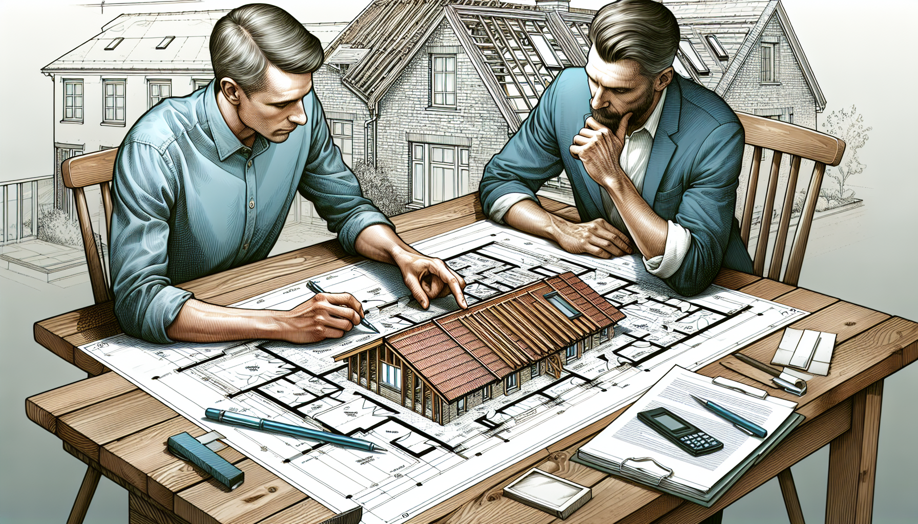 Illustration eines Bauherren, der mit einem Architekten über die Planung des Dachumbaus spricht